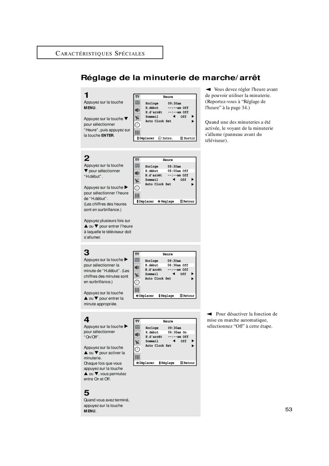 Samsung TXN2670WHF Réglage de la minuterie de marche/arrêt, Appuyez sur la touche √ pour sélectionner l’heure de H.début 