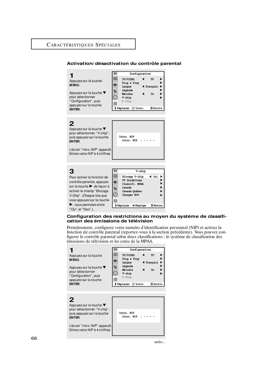 Samsung TXN3071WHF Activation/désactivation du contrôle parental, ’écran Intro. NIP apparaît Entrez votre NIP à 4 chiffres 