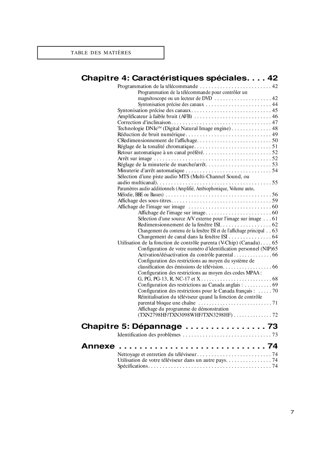 Samsung TXN2775HF, TXN3098WHF, TXN3075WHF, TXN2798HF Chapitre 4 Caractéristiques spéciales, Chapitre 5 Dépannage, Annexe 