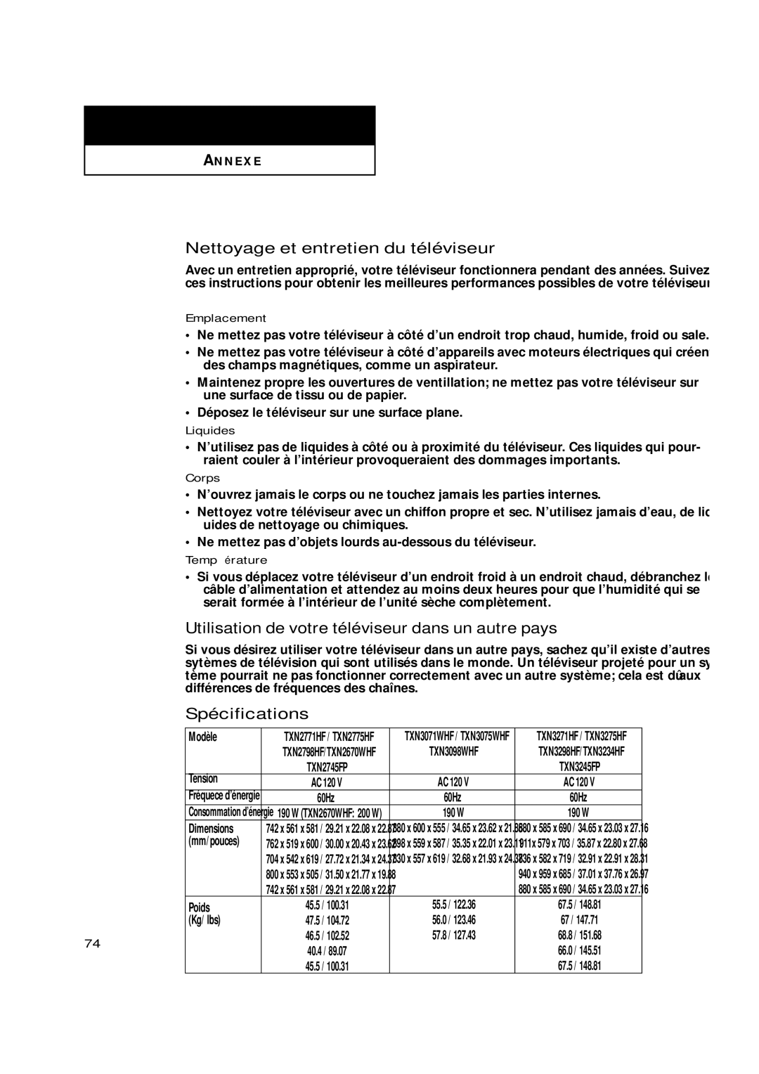 Samsung TXN2798HF Nettoyage et entretien du téléviseur, Utilisation de votre téléviseur dans un autre pays, Spécifications 