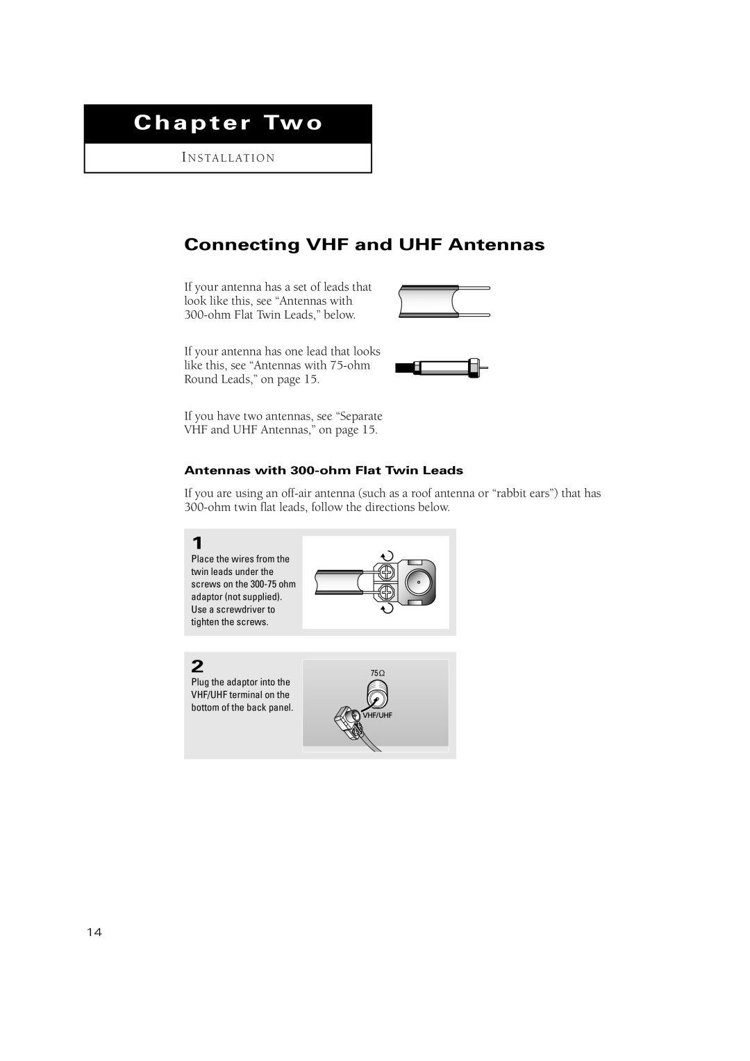 Samsung TXN3234HF, TXN2670WHF, TXN2668WHF, TXN 2775HF Connecting VHF and UHF Antennas, Antennas with 300-ohm Flat Twin Leads 