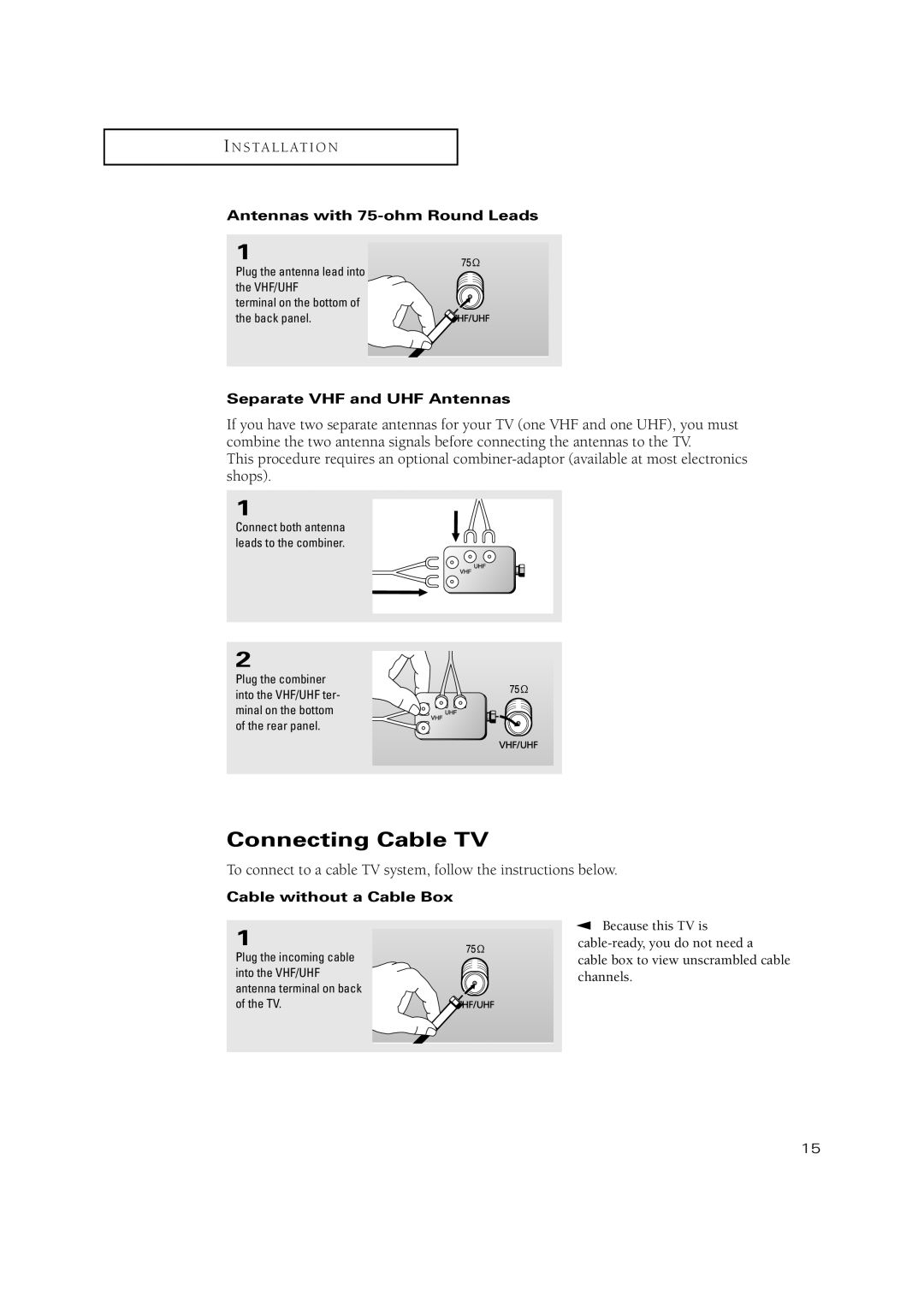 Samsung TXN2670WHF, TXN3234HF manual Connecting Cable TV, Antennas with 75-ohm Round Leads, Separate VHF and UHF Antennas 