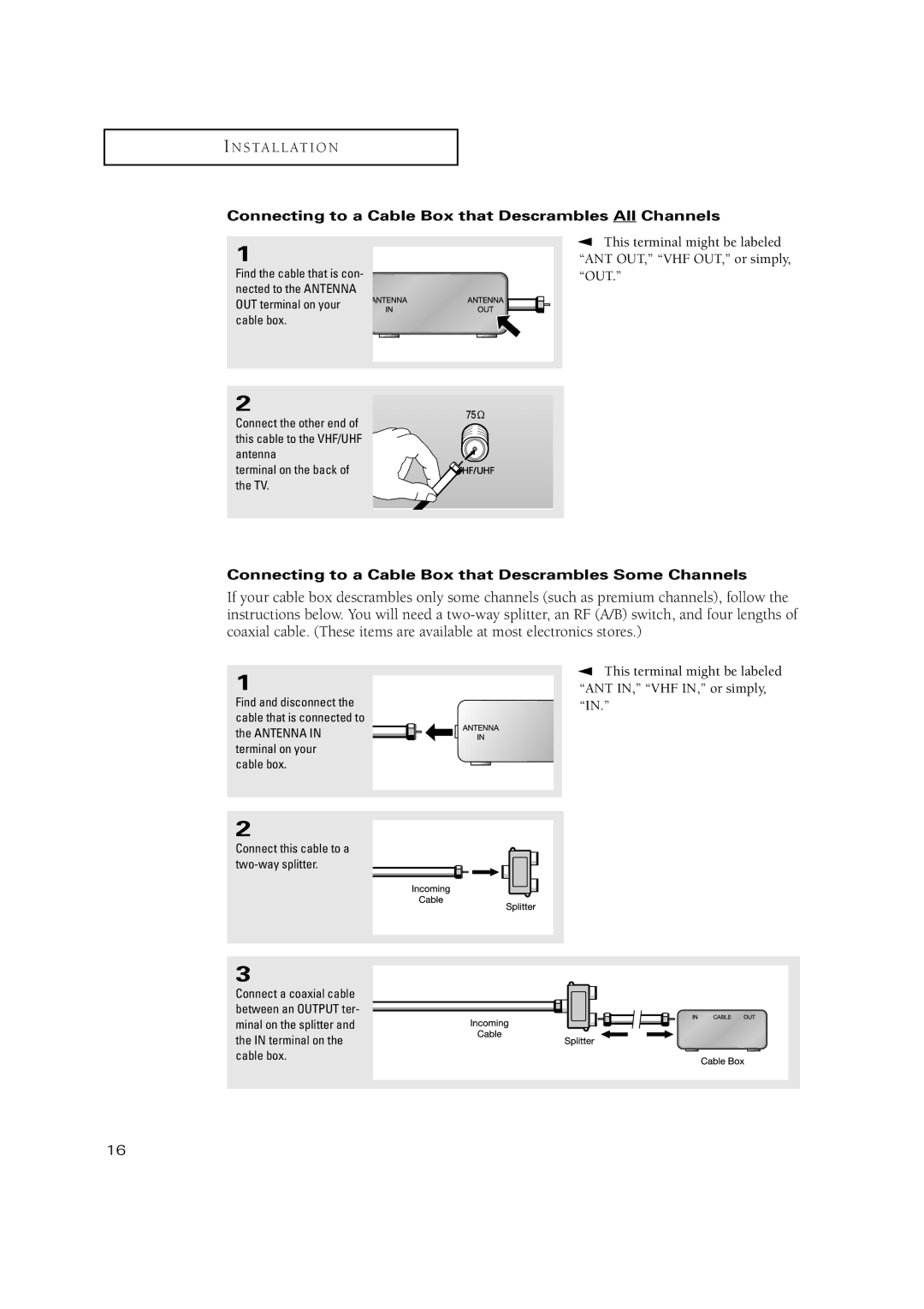 Samsung TXN2668WHF manual Connecting to a Cable Box that Descrambles All Channels, Connect this cable to a two-way splitter 