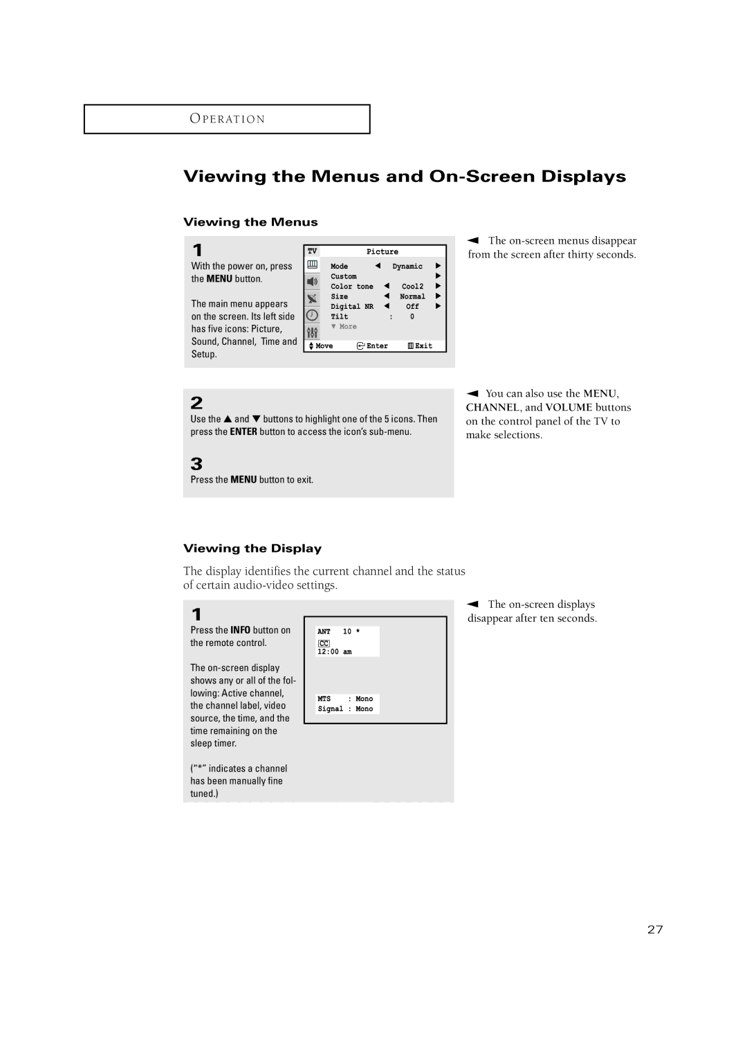 Samsung TXN2771HF, TXN3234HF, TXN2670WHF, TXN2668WHF manual Viewing the Menus and On-Screen Displays, Viewing the Display 