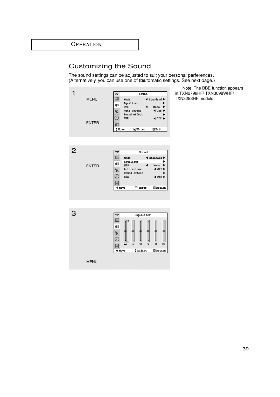 Samsung TXN 3271HF, TXN3234HF, TXN2670WHF, TXN2668WHF manual Customizing the Sound, TXN2798HF/ TXN3098WHF/ TXN3298HF models 