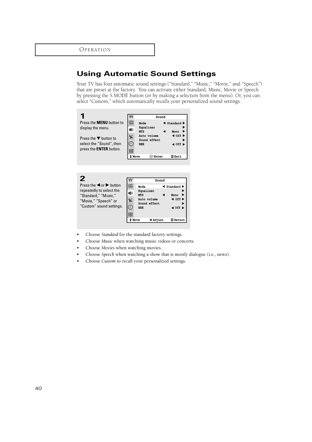 Samsung TXN 3075WHF, TXN3234HF, TXN2670WHF, TXN2668WHF, TXN 2775HF, TXN 3245FP, TXN 3298HF manual Using Automatic Sound Settings 