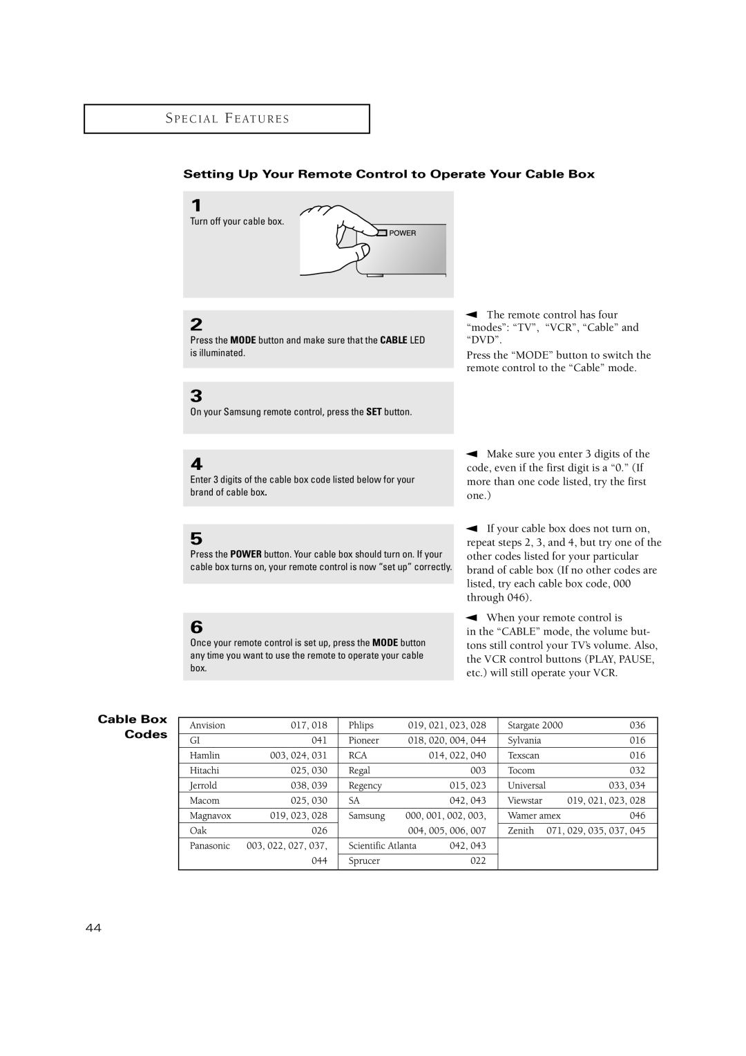 Samsung TXN2668WHF, TXN3234HF, TXN2670WHF, TXN 2775HF manual Setting Up Your Remote Control to Operate Your Cable Box, Codes 