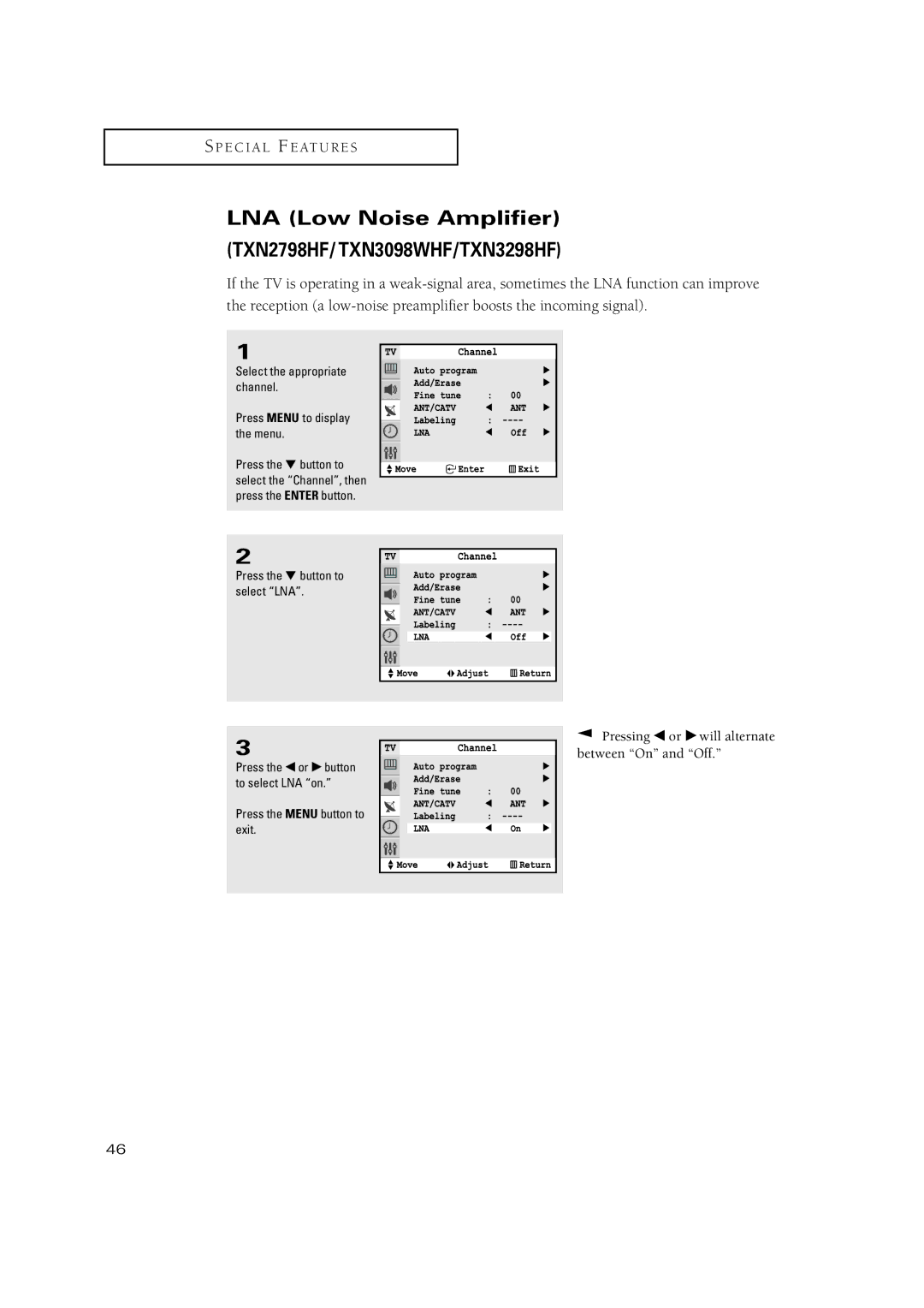 Samsung TXN 3245FP, TXN3234HF manual LNA Low Noise Amplifier TXN2798HF/TXN3098WHF/TXN3298HF, Press the button to select LNA 