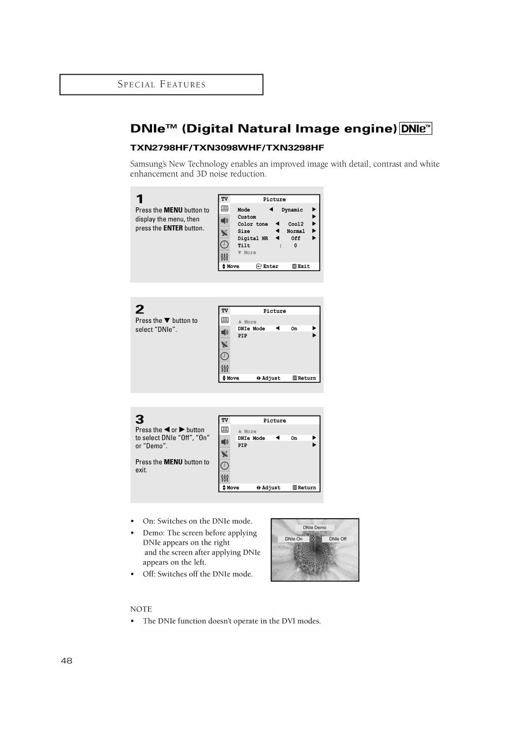 Samsung TXN 3098WHF, TXN3234HF, TXN2670WHF, TXN2668WHF, TXN 2775HF, TXN 3245FP, TXN 3298HF DNIeTM Digital Natural Image engine 