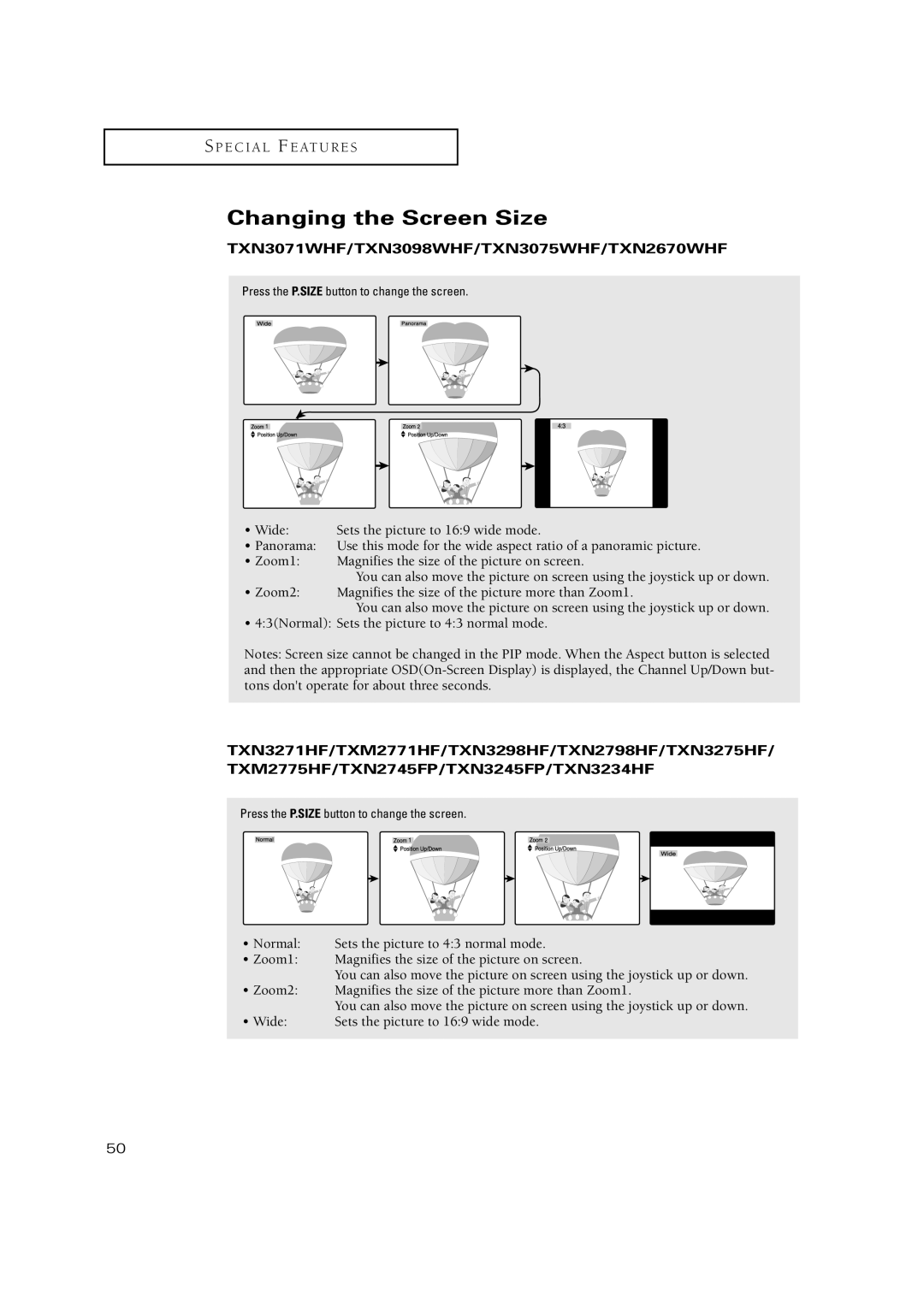 Samsung TXN 2798HF, TXN3234HF, TXN2670WHF manual Changing the Screen Size, TXN3271HF/TXM2771HF/TXN3298HF/TXN2798HF/TXN3275HF 