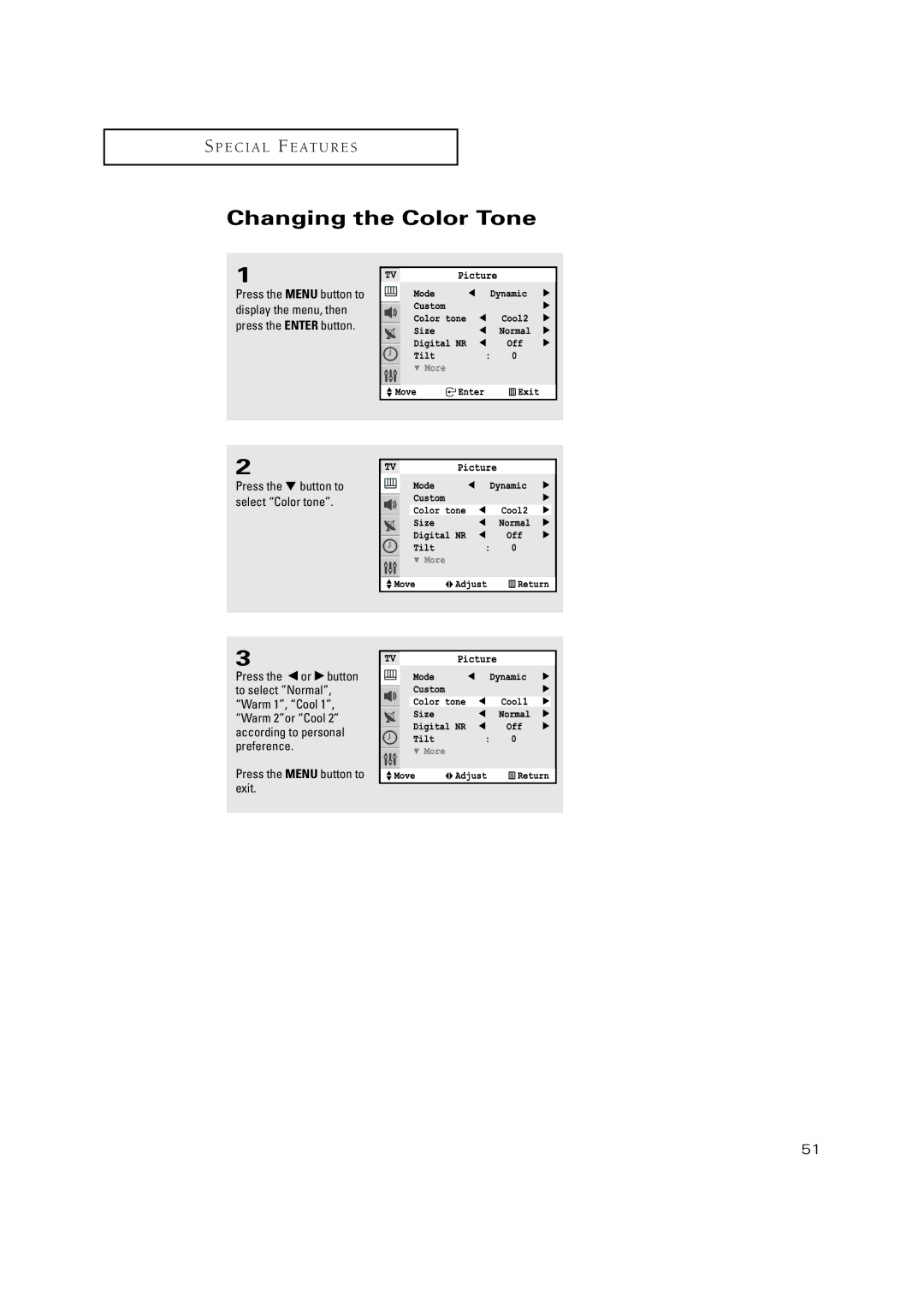 Samsung TXN 3275HF, TXN3234HF, TXN2670WHF, TXN2668WHF, TXN 2775HF, TXN 3245FP, TXN 3298HF, TXN 3098WHF Changing the Color Tone 