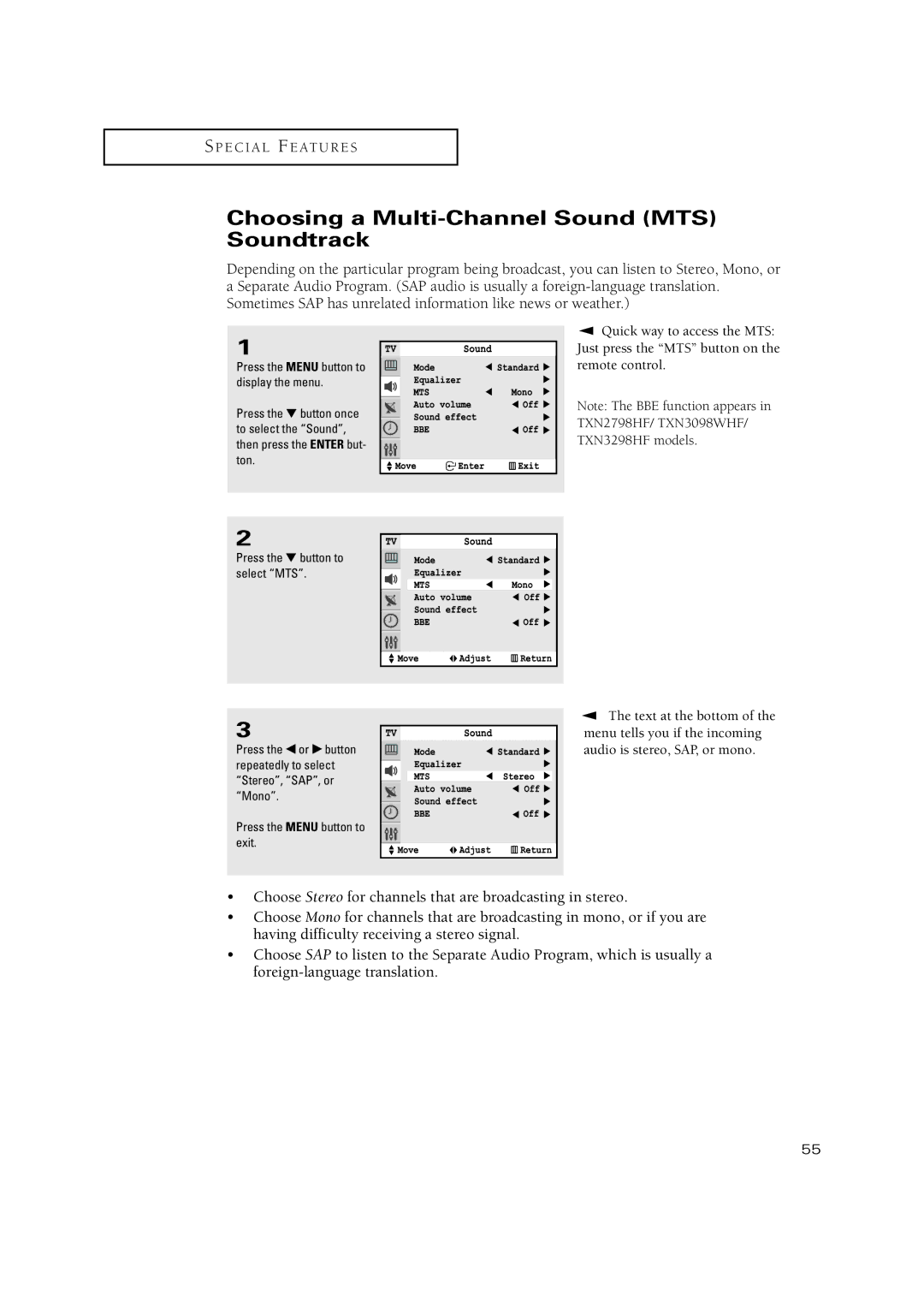 Samsung TXN2771HF, TXN3234HF, TXN2670WHF, TXN2668WHF, TXN 2775HF, TXN 3245FP Choosing a Multi-Channel Sound MTS Soundtrack 