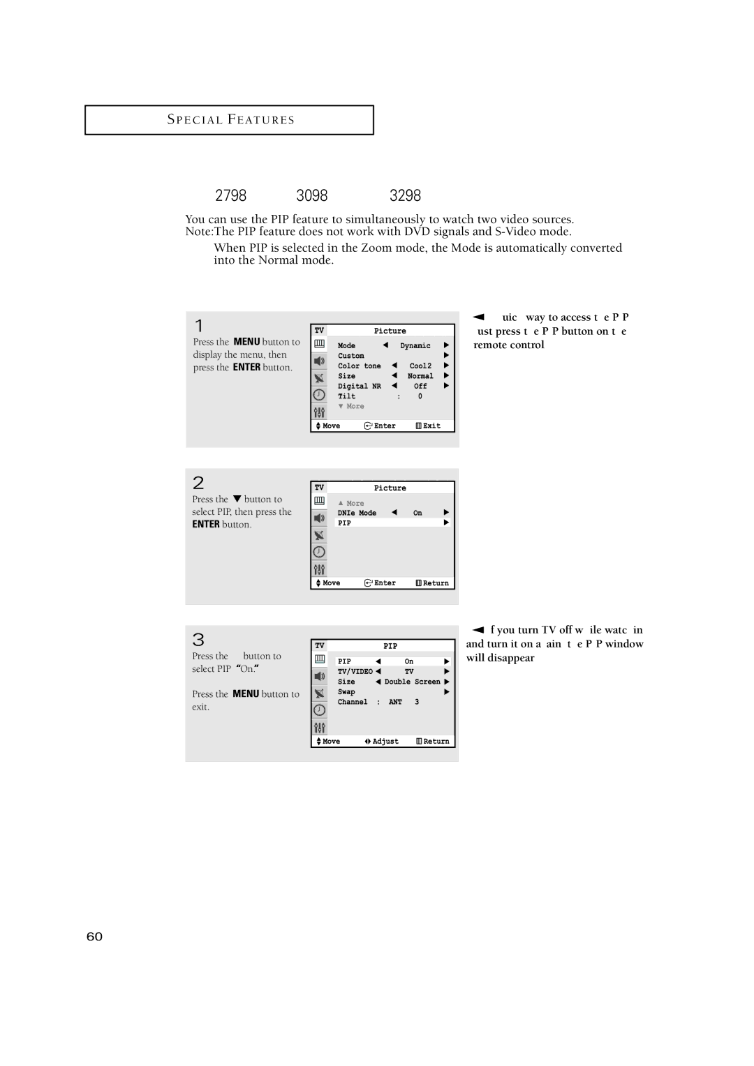 Samsung TXN 3245FP, TXN3234HF Viewing Picture-in-Picture TXN2798HF/TXN3098WHF/TXN3298HF, Activating Picture-in-Picture 