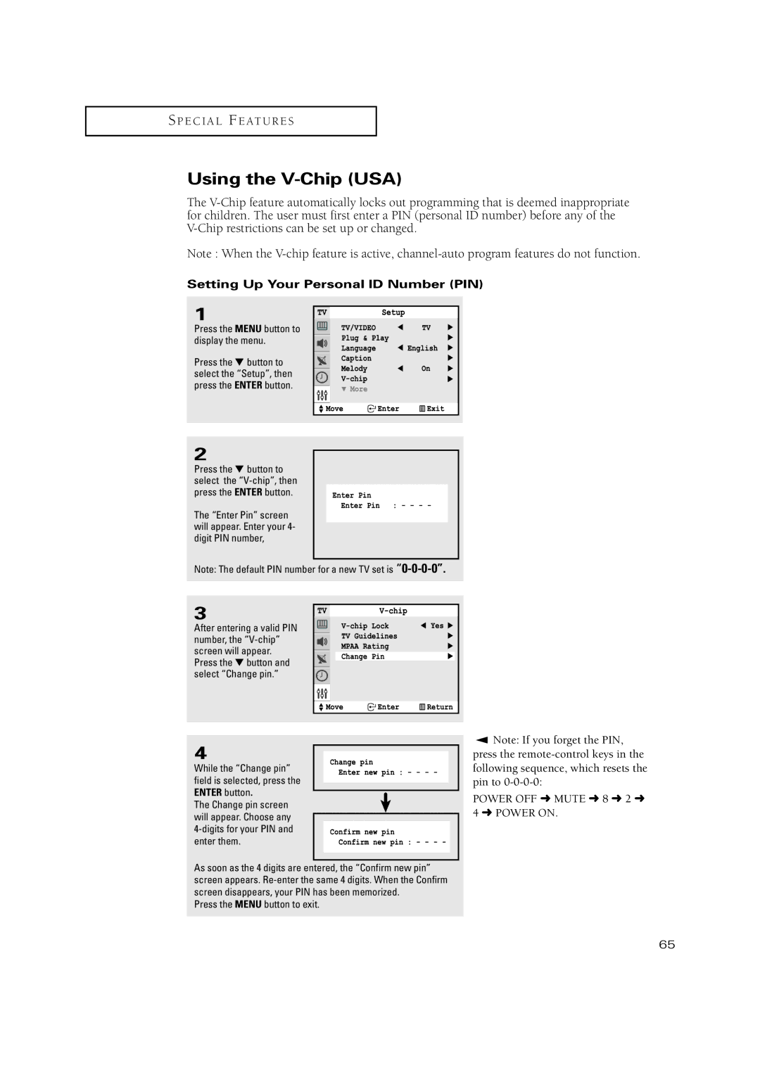 Samsung TXN 3275HF manual Using the V-Chip USA, Setting Up Your Personal ID Number PIN, Digits for your PIN and enter them 