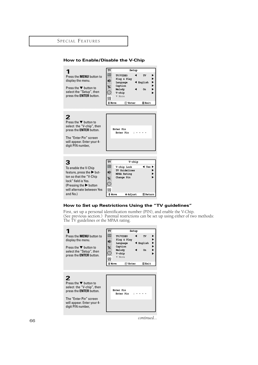 Samsung TXN 3071WHF, TXN3234HF manual How to Enable/Disable the V-Chip, How to Set up Restrictions Using the TV guidelines 