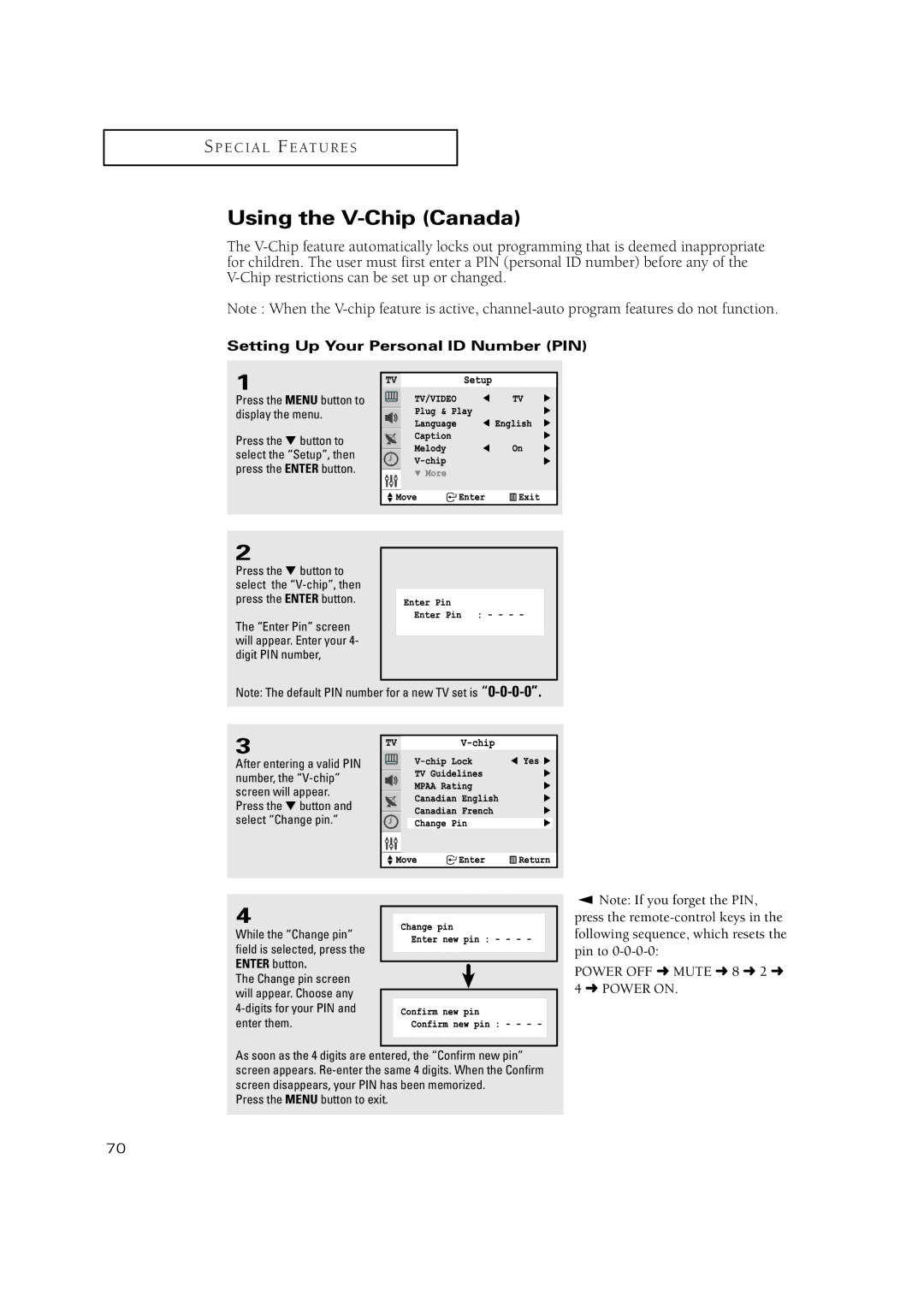 Samsung TXN3234HF, TXN2670WHF, TXN2668WHF, TXN 2775HF manual Using the V-Chip Canada, Setting Up Your Personal ID Number PIN 