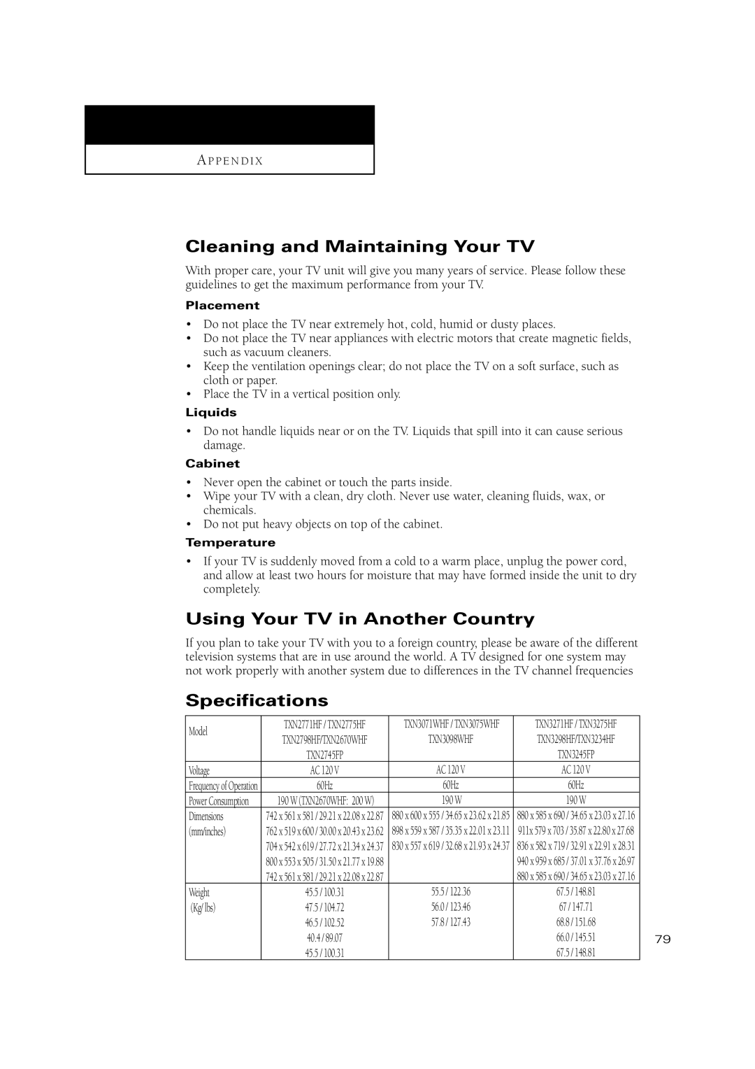 Samsung TXN 3275HF, TXN3234HF, TXN2771HF Cleaning and Maintaining Your TV, Using Your TV in Another Country, Specifications 