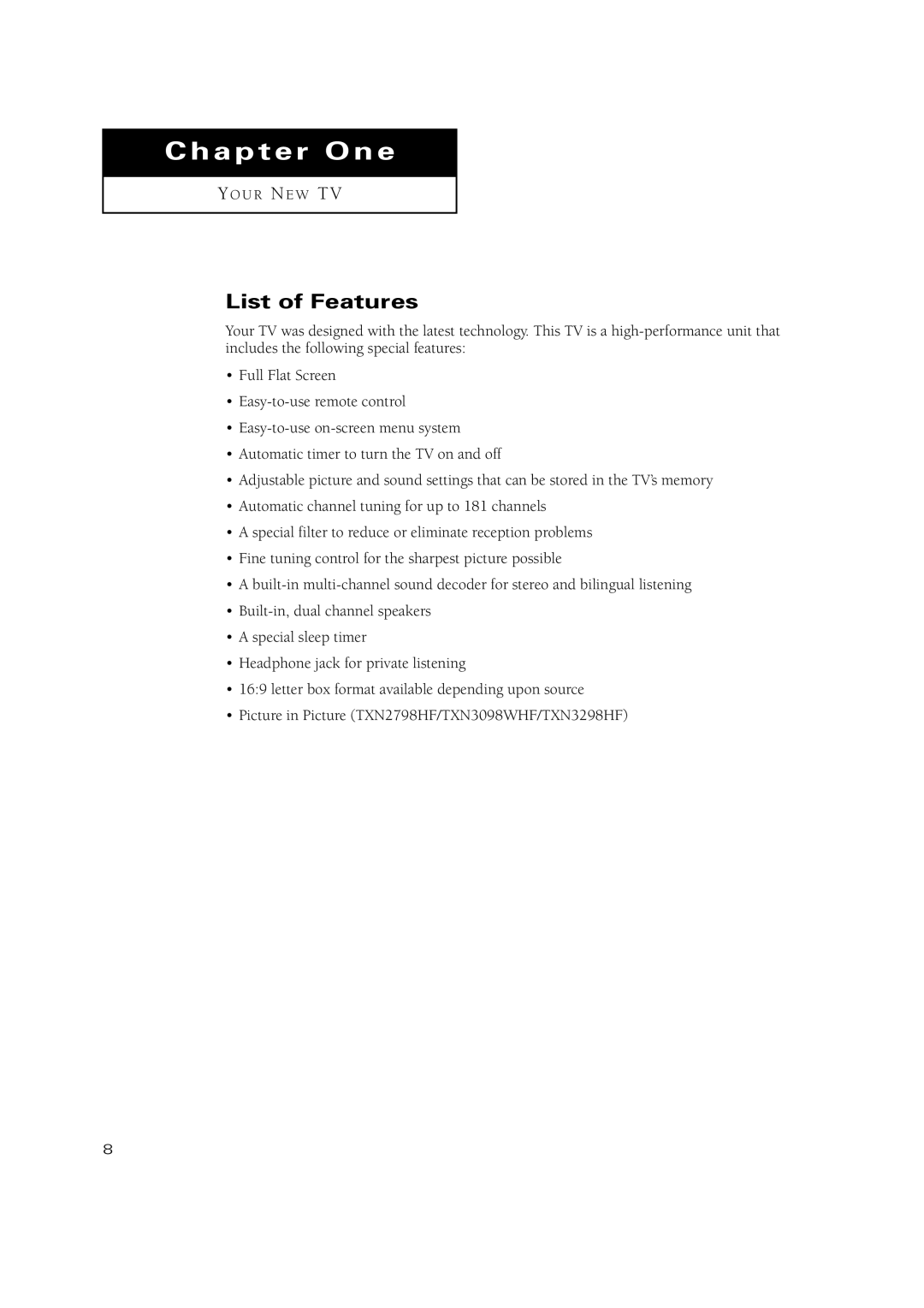 Samsung TXN 2798HF, TXN3234HF, TXN2670WHF, TXN2668WHF, TXN 2775HF, TXN 3245FP, TXN 3298HF manual Chapter One, List of Features 