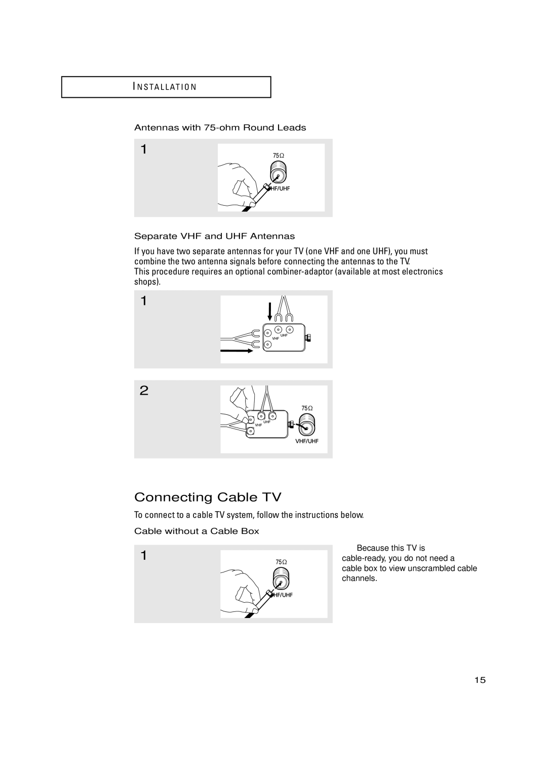 Samsung TXN3275HF/TXN2670WHF manual Connecting Cable TV, Antennas with 75-ohm Round Leads, Separate VHF and UHF Antennas 