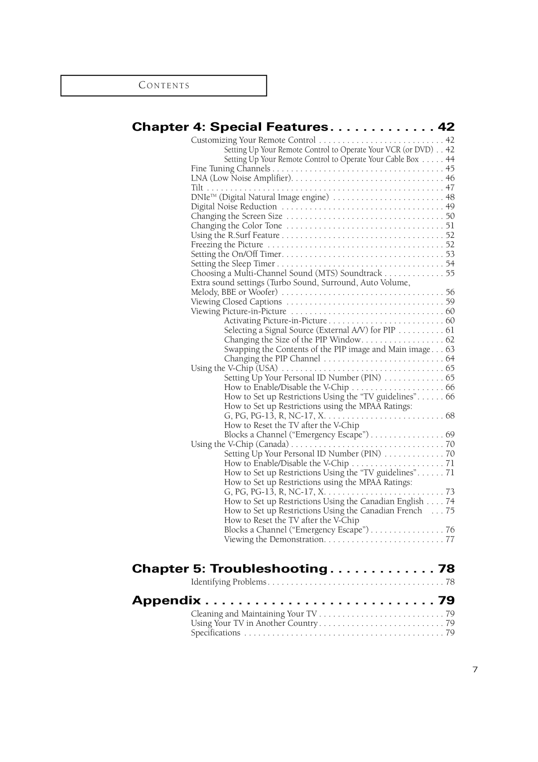 Samsung TXN3271HF/TXN2798HF, TXN3275HF/TXN2670WHF, TXN3098WHF/TXN3298HF manual Special Features, Troubleshooting, Appendix 