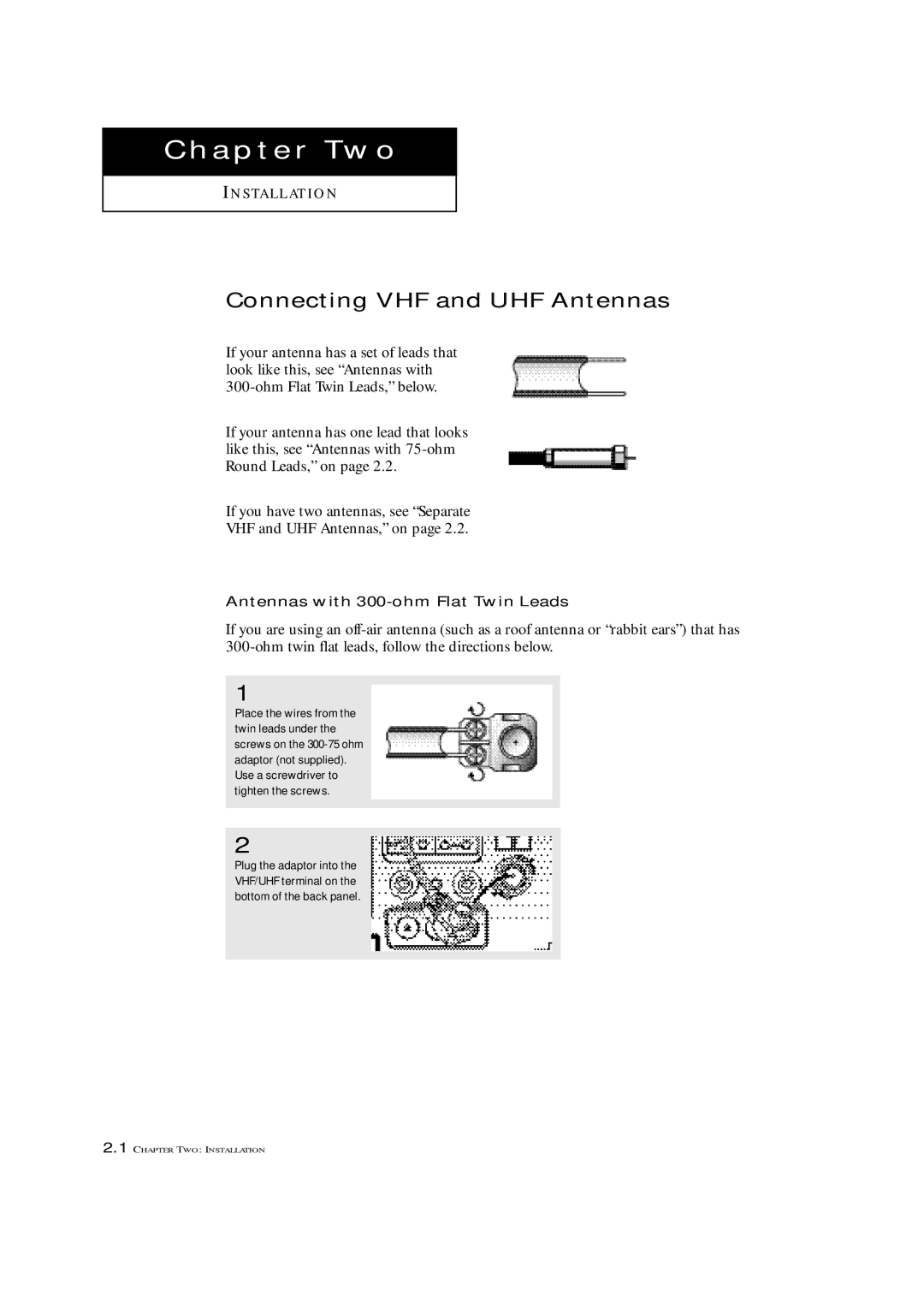 Samsung TXP1430F, TXP1634F, TXP2022 manual Connecting VHF and UHF Antennas, Antennas with 300-ohm Flat Twin Leads 