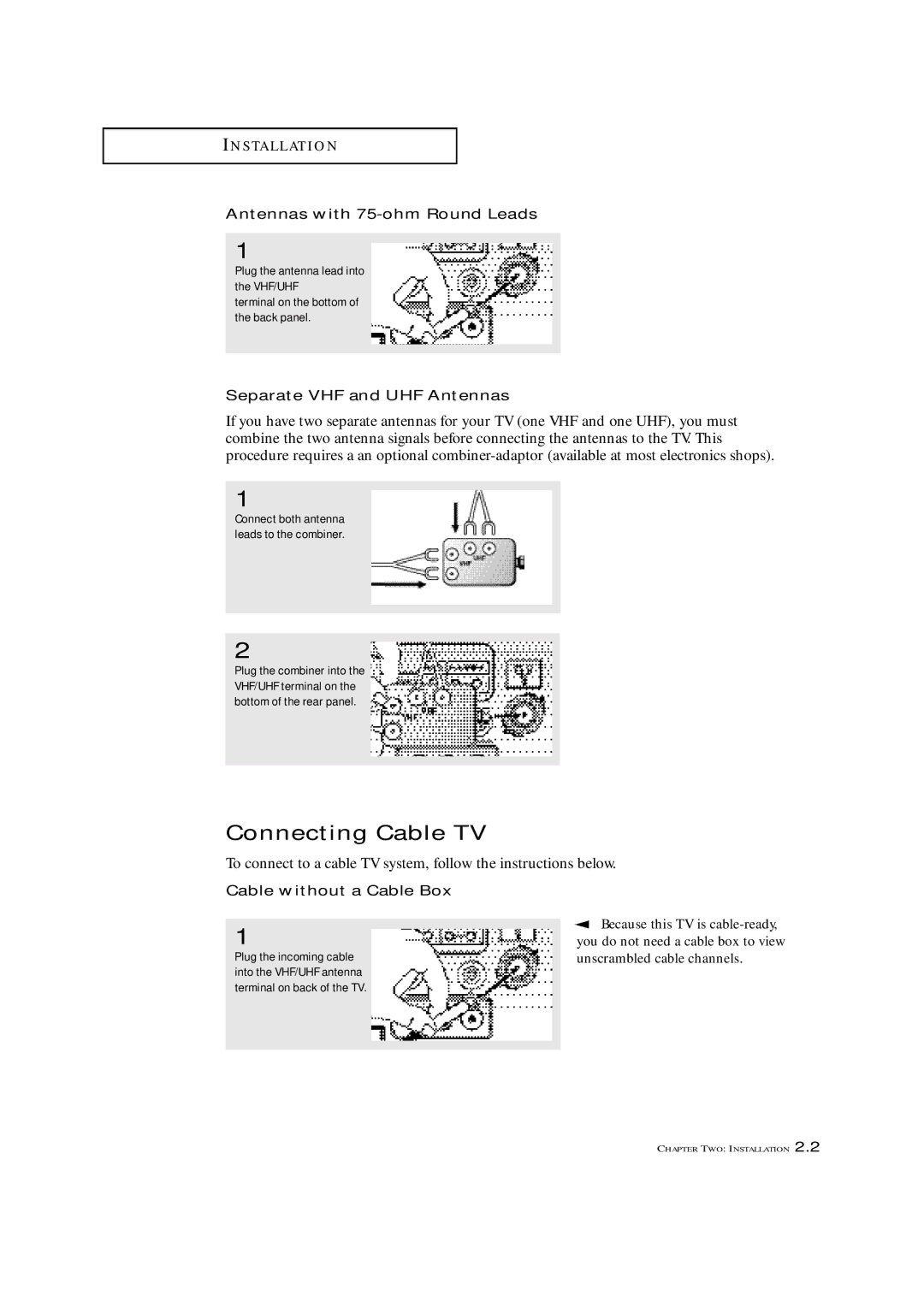 Samsung TXP1430F, TXP1634F, TXP2022 Connecting Cable TV, Antennas with 75-ohm Round Leads, Separate VHF and UHF Antennas 