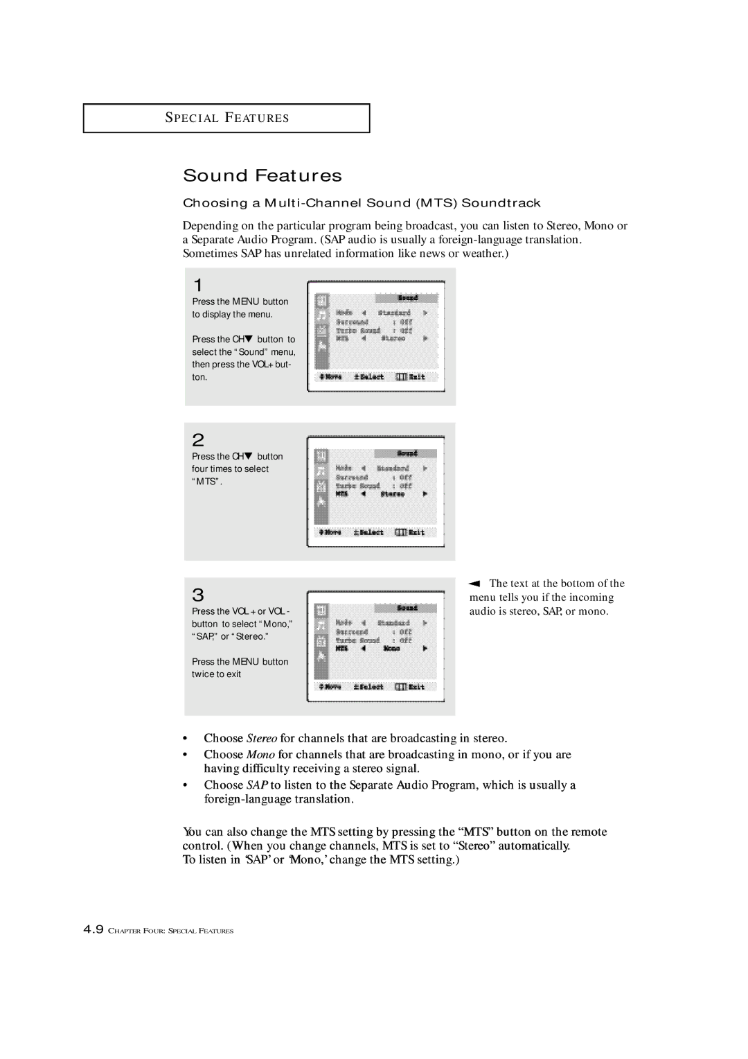 Samsung TXP1430F, TXP1634F, TXP2022 manual Sound Features, Choosing a Multi-Channel Sound MTS Soundtrack 