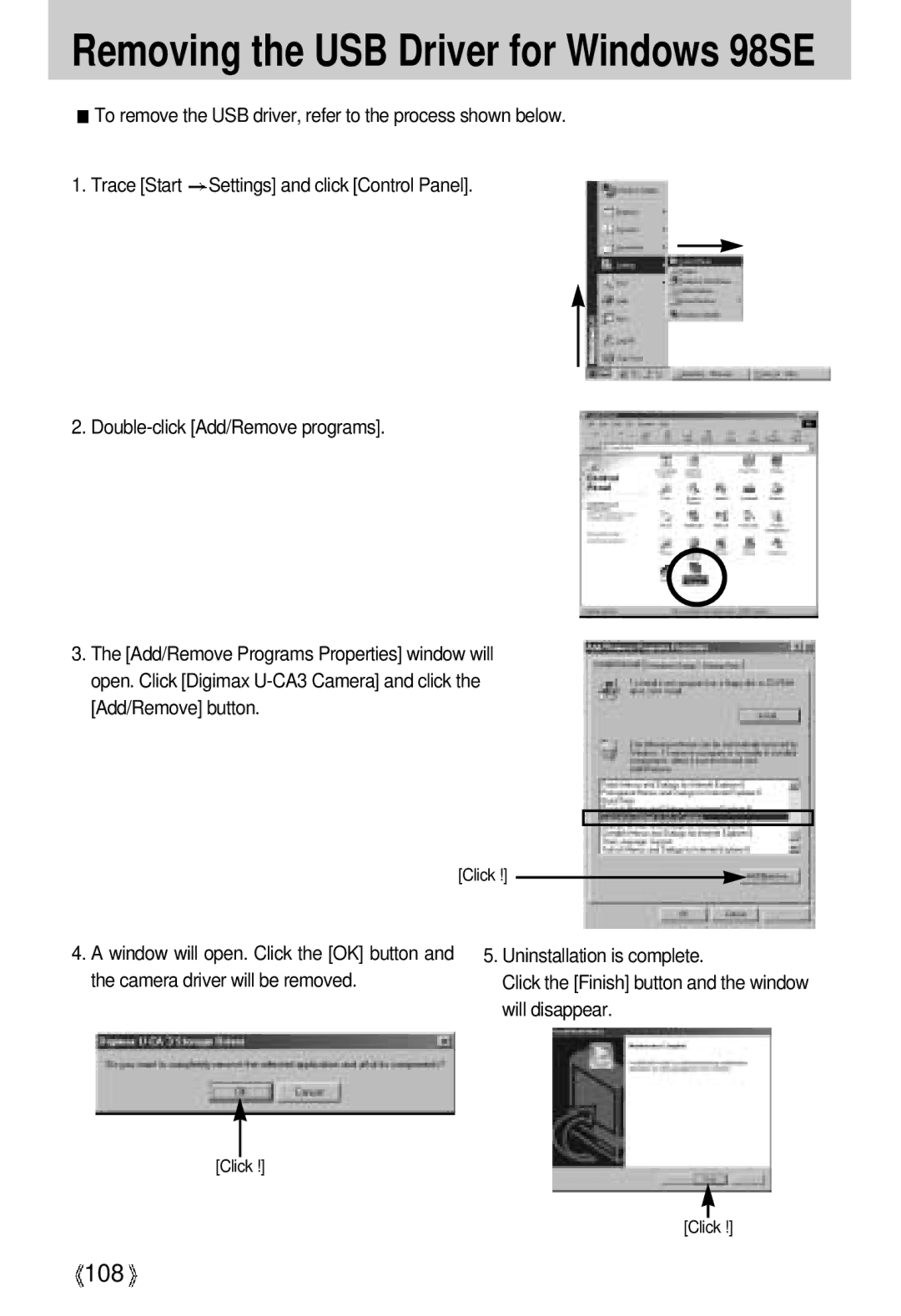 Samsung U-CA 3 manual 108, Uninstallation is complete, Camera driver will be removed, Will disappear 