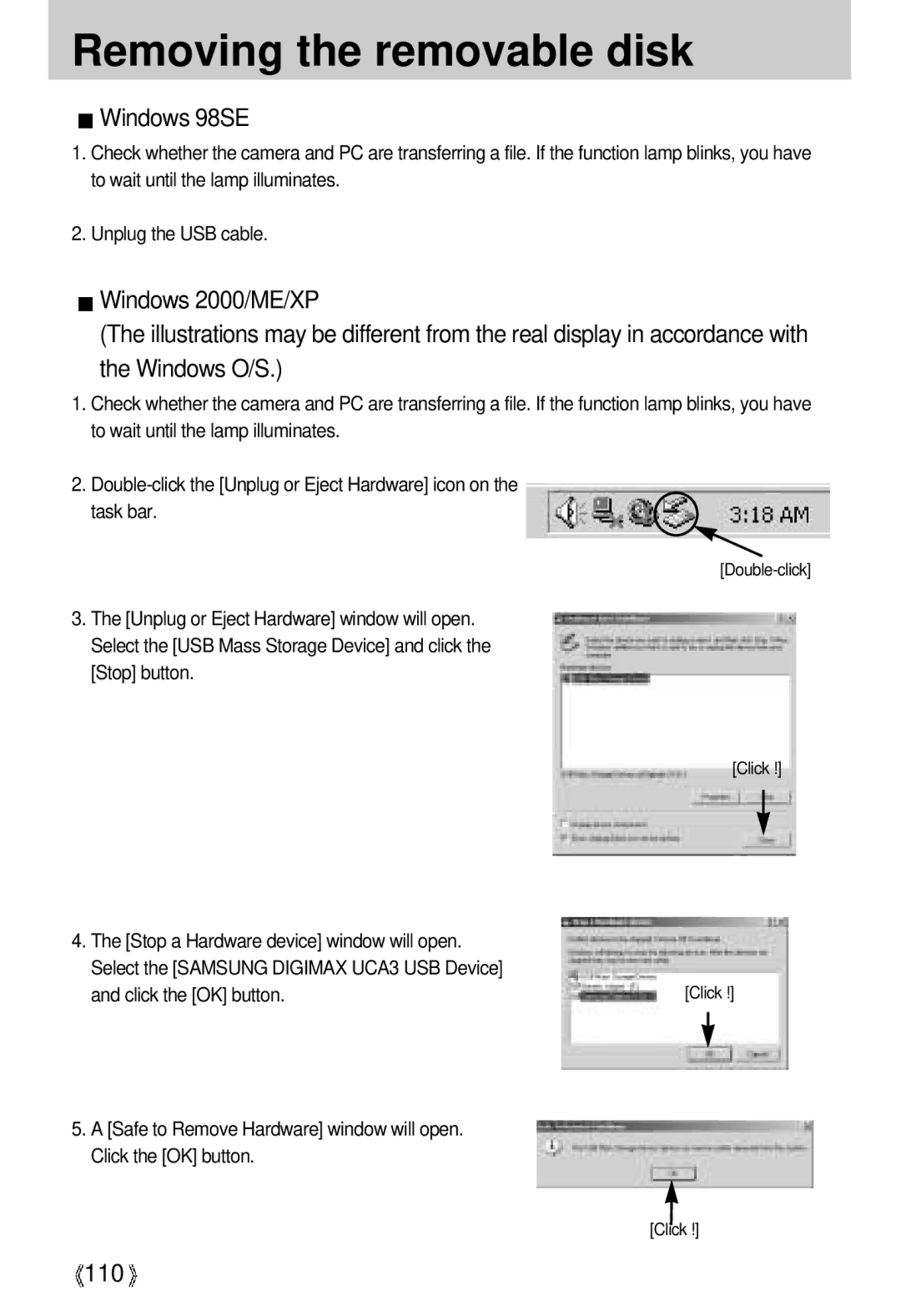 Samsung U-CA 3 manual Removing the removable disk, Windows 98SE, 110, Click the OK button 