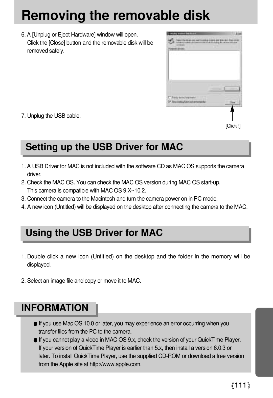 Samsung U-CA 3 manual Setting up the USB Driver for MAC, Using the USB Driver for MAC, 111 