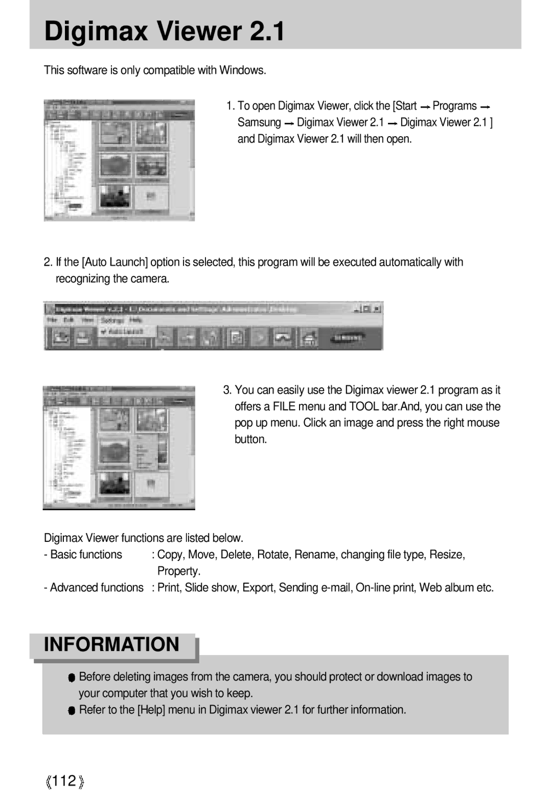 Samsung U-CA 3 manual Digimax Viewer, 112, This software is only compatible with Windows, Property 