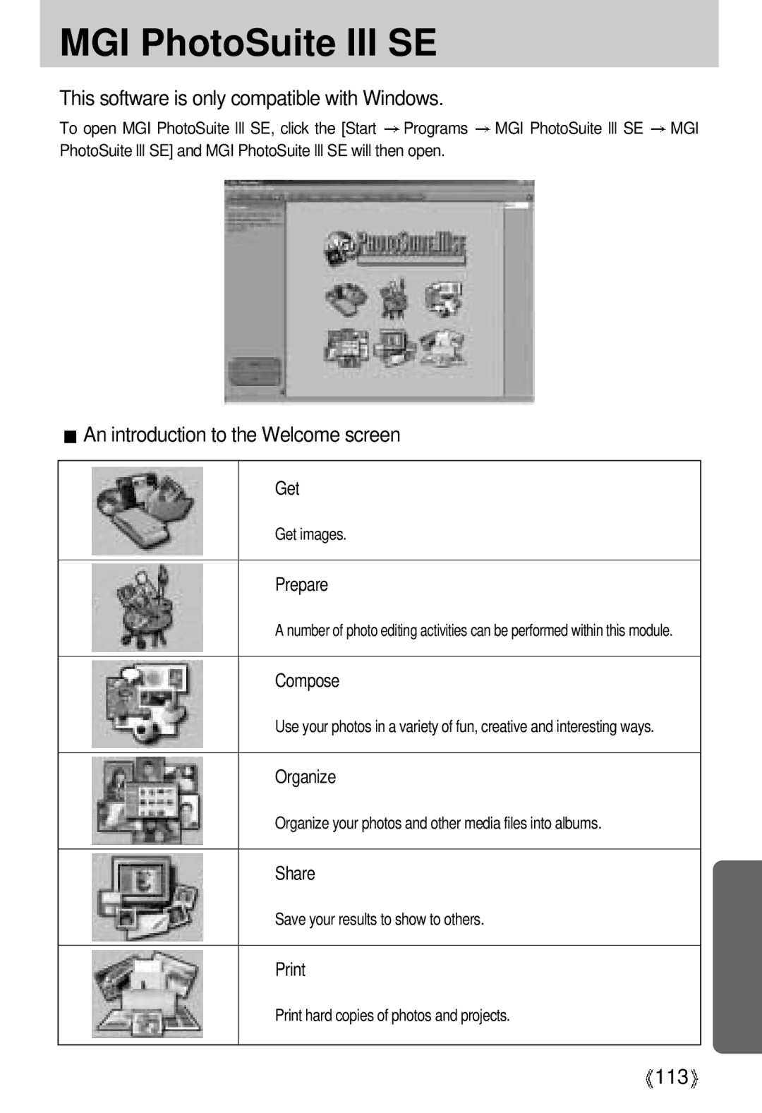 Samsung U-CA 3 MGI PhotoSuite III SE, This software is only compatible with Windows, An introduction to the Welcome screen 