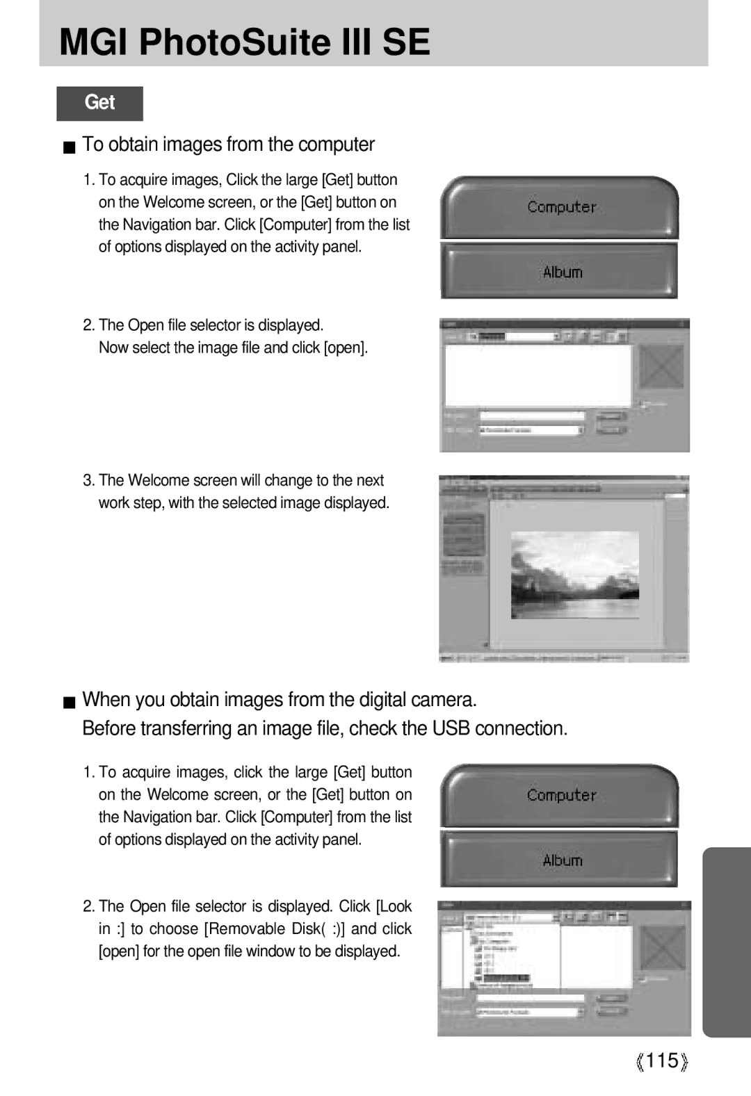 Samsung U-CA 3 manual To obtain images from the computer, 115 