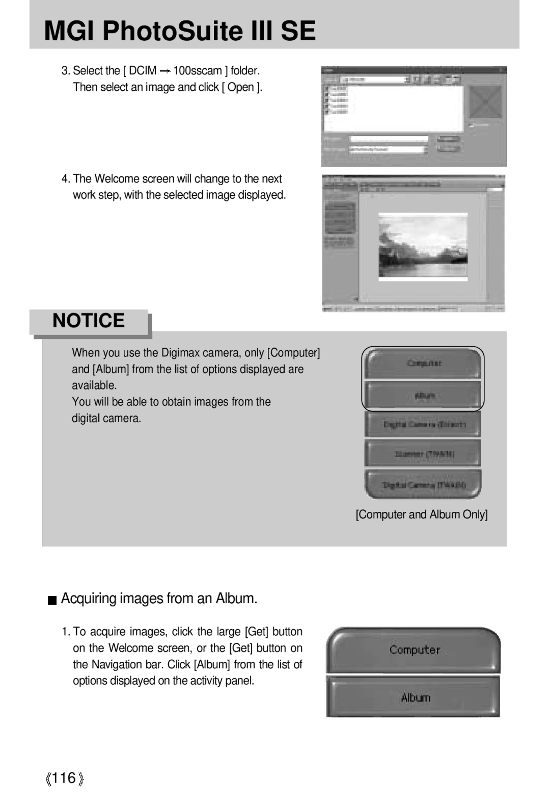 Samsung U-CA 3 manual Acquiring images from an Album, 116 