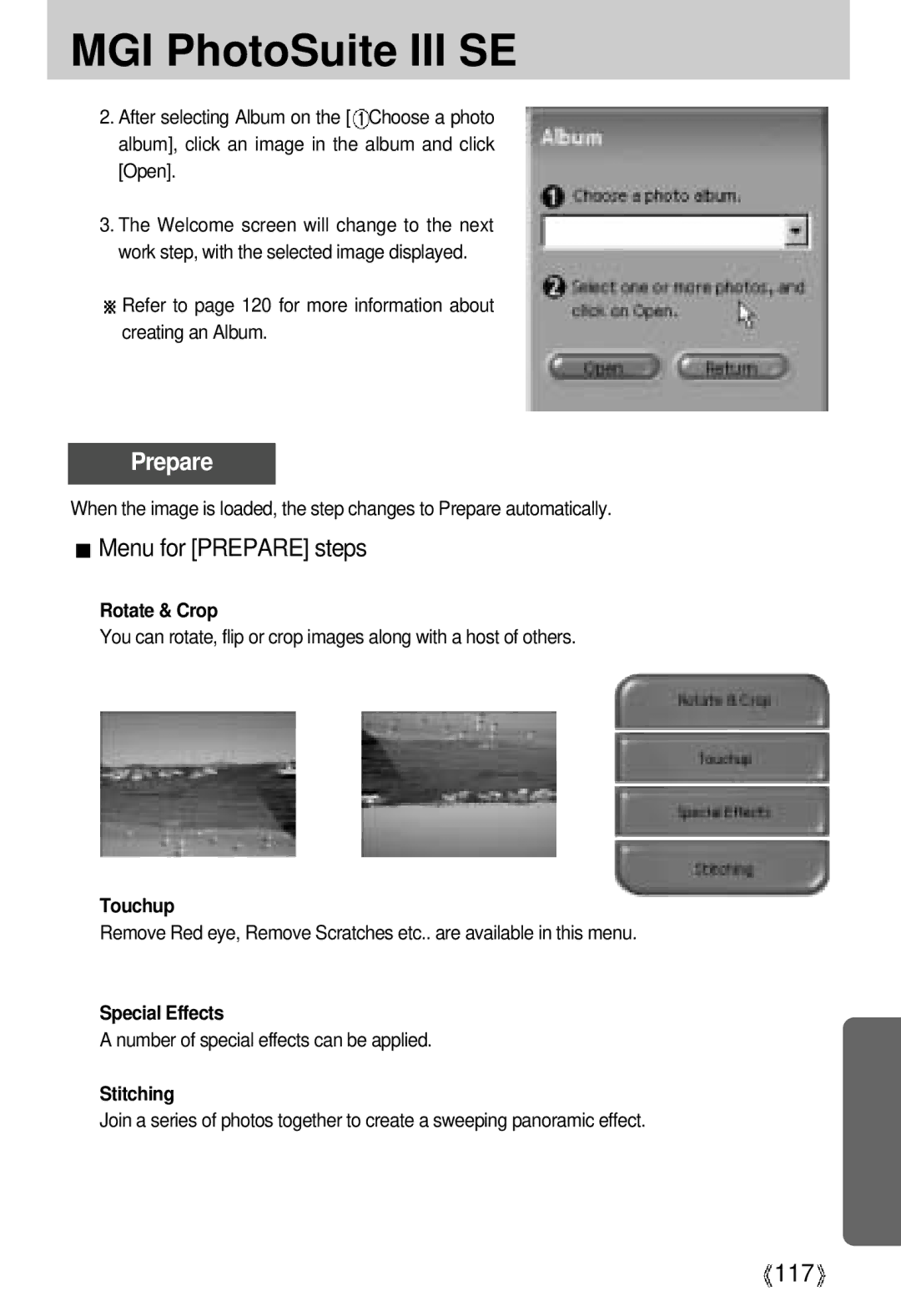 Samsung U-CA 3 manual Menu for Prepare steps, 117, Open, Number of special effects can be applied 