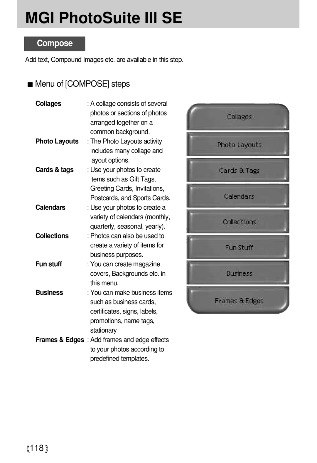 Samsung U-CA 3 manual Menu of Compose steps, 118 