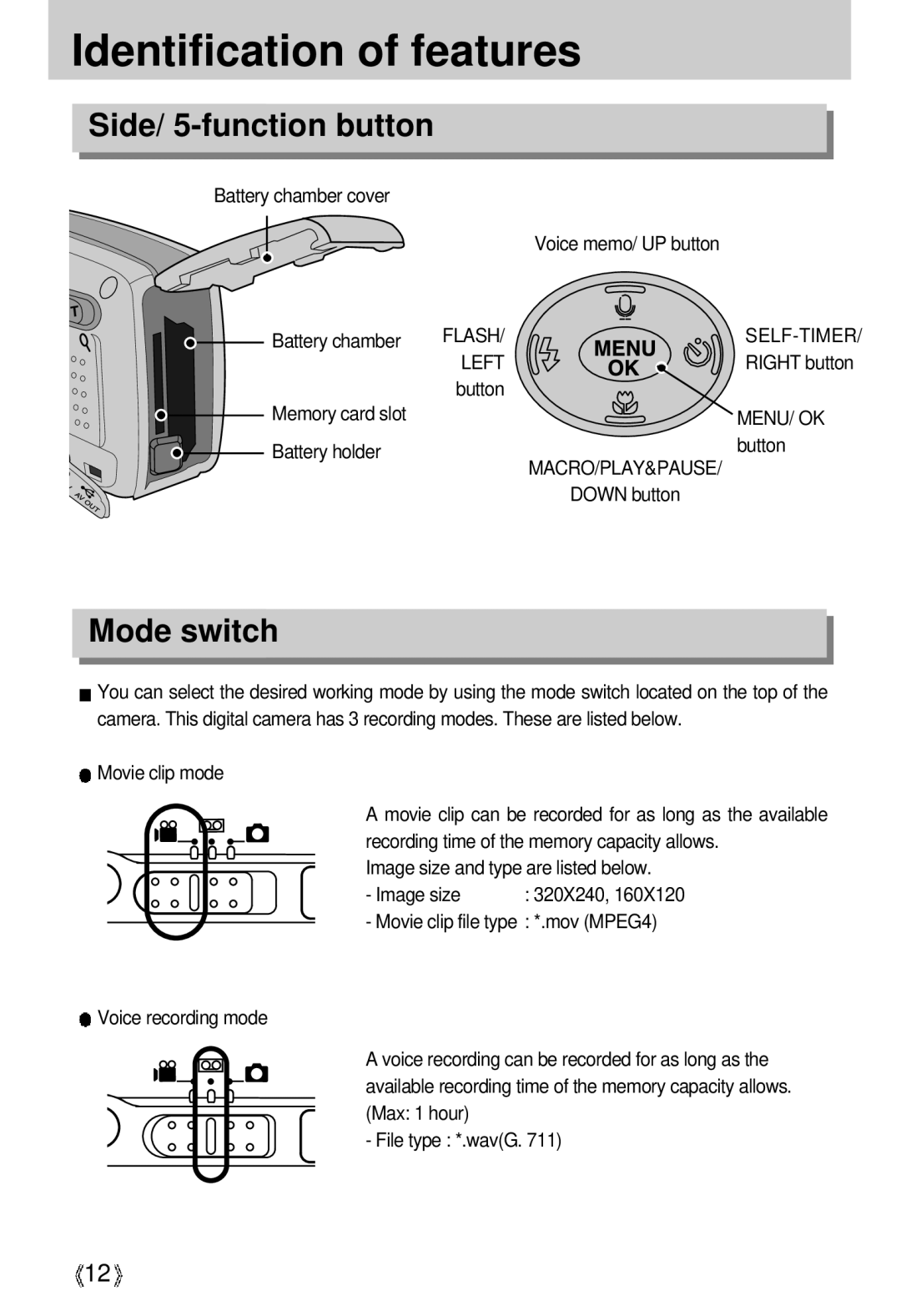 Samsung U-CA 3 manual Side/ 5-function button, Mode switch, Self-Timer, Left, Menu/ Ok 