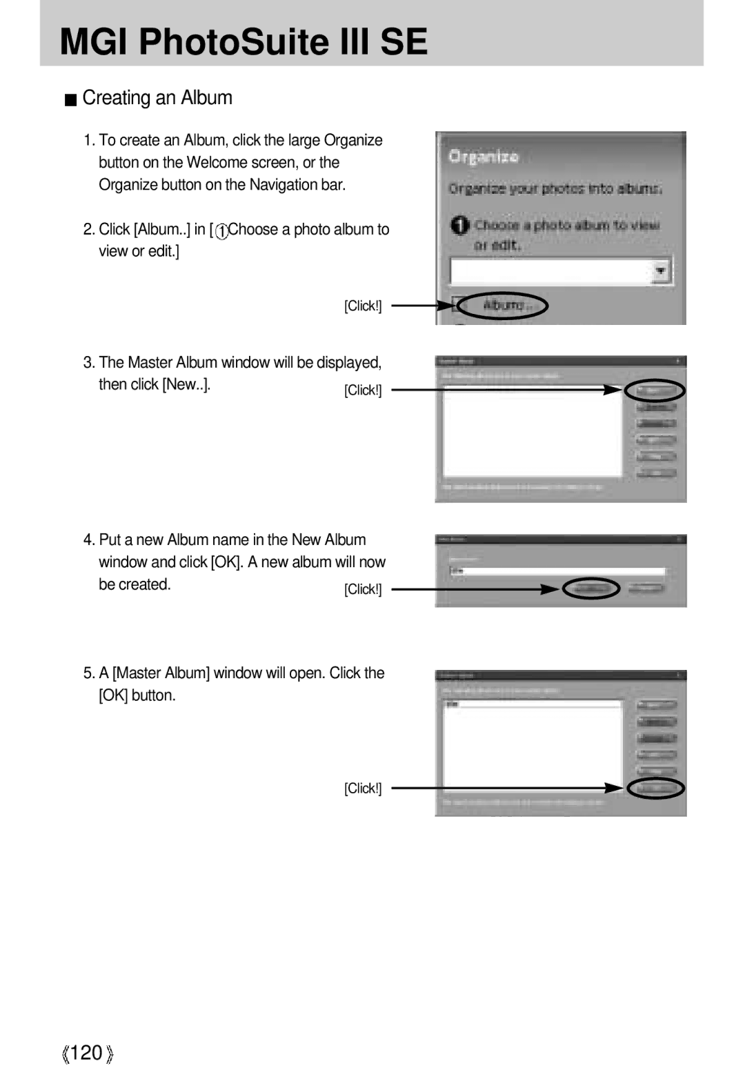 Samsung U-CA 3 manual Creating an Album, 120 