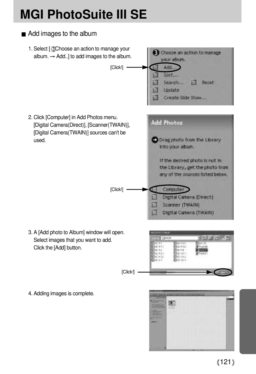 Samsung U-CA 3 manual Add images to the album, 121, Adding images is complete 