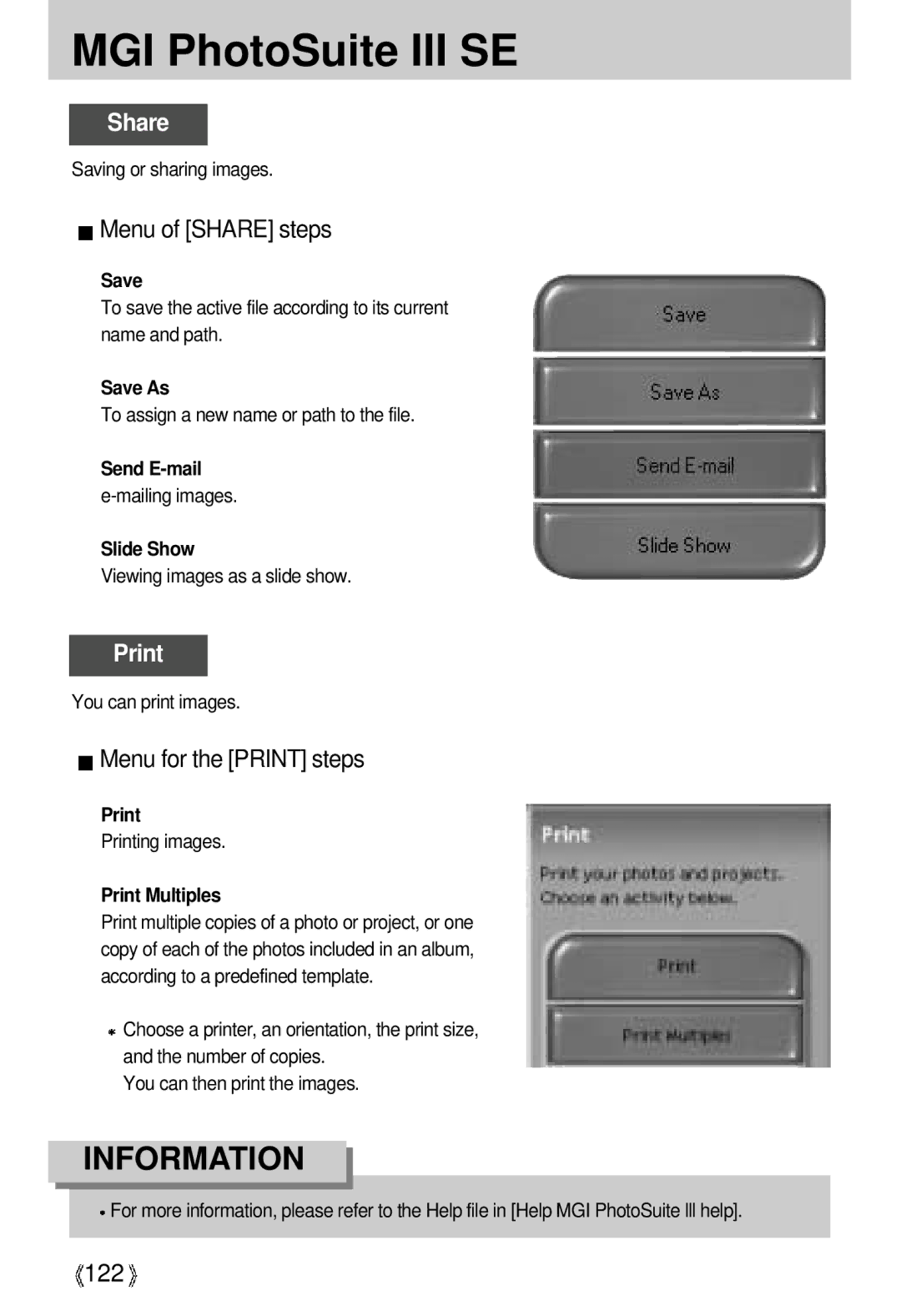 Samsung U-CA 3 manual Menu of Share steps, Menu for the Print steps, 122 