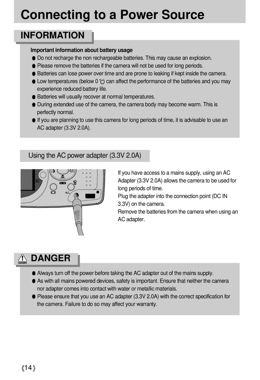 Samsung U-CA 3 manual Connecting to a Power Source, Using the AC power adapter 3.3V 2.0A 