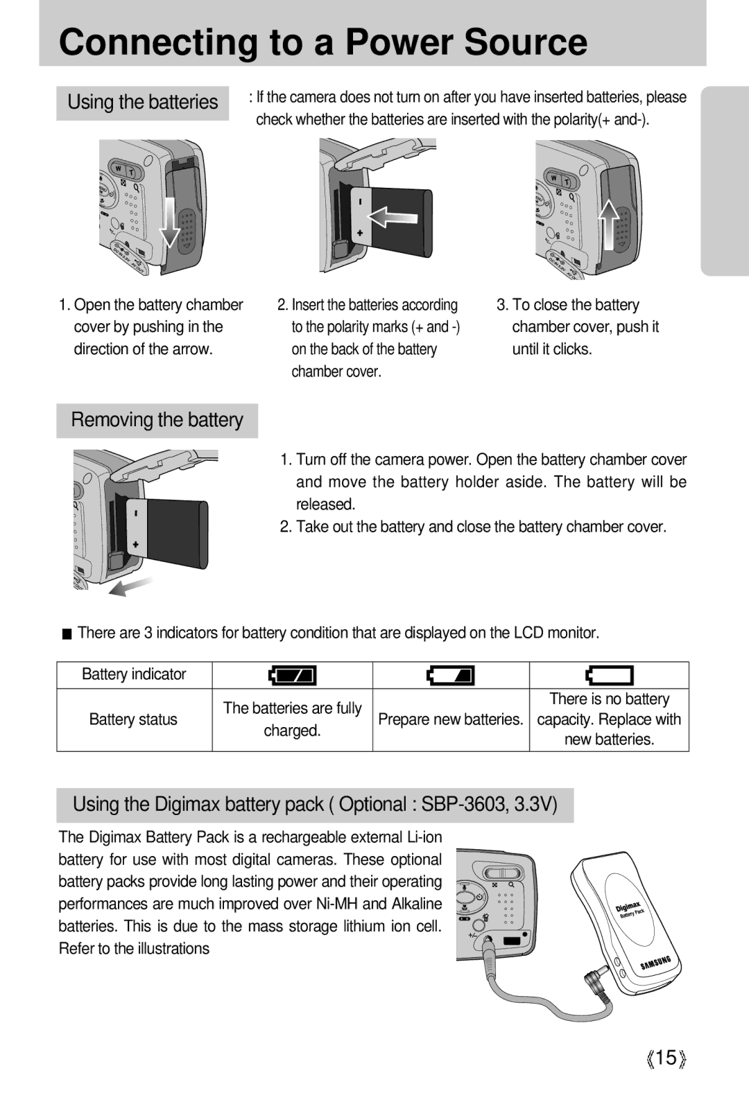 Samsung U-CA 3 manual Removing the battery, Using the Digimax battery pack Optional SBP-3603 