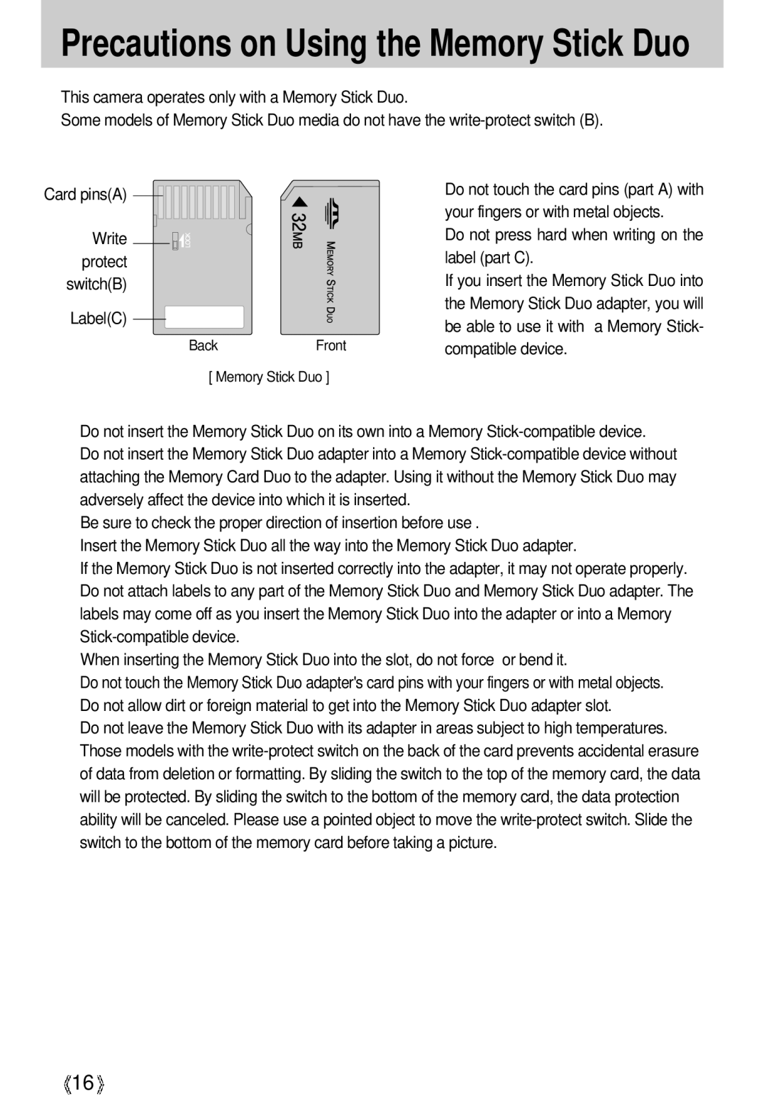 Samsung U-CA 3 manual Precautions on Using the Memory Stick Duo 