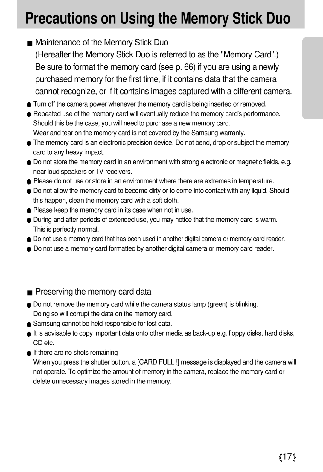 Samsung U-CA 3 manual Maintenance of the Memory Stick Duo, Preserving the memory card data 