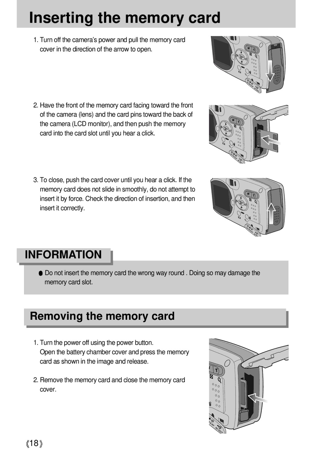 Samsung U-CA 3 manual Inserting the memory card, Removing the memory card 