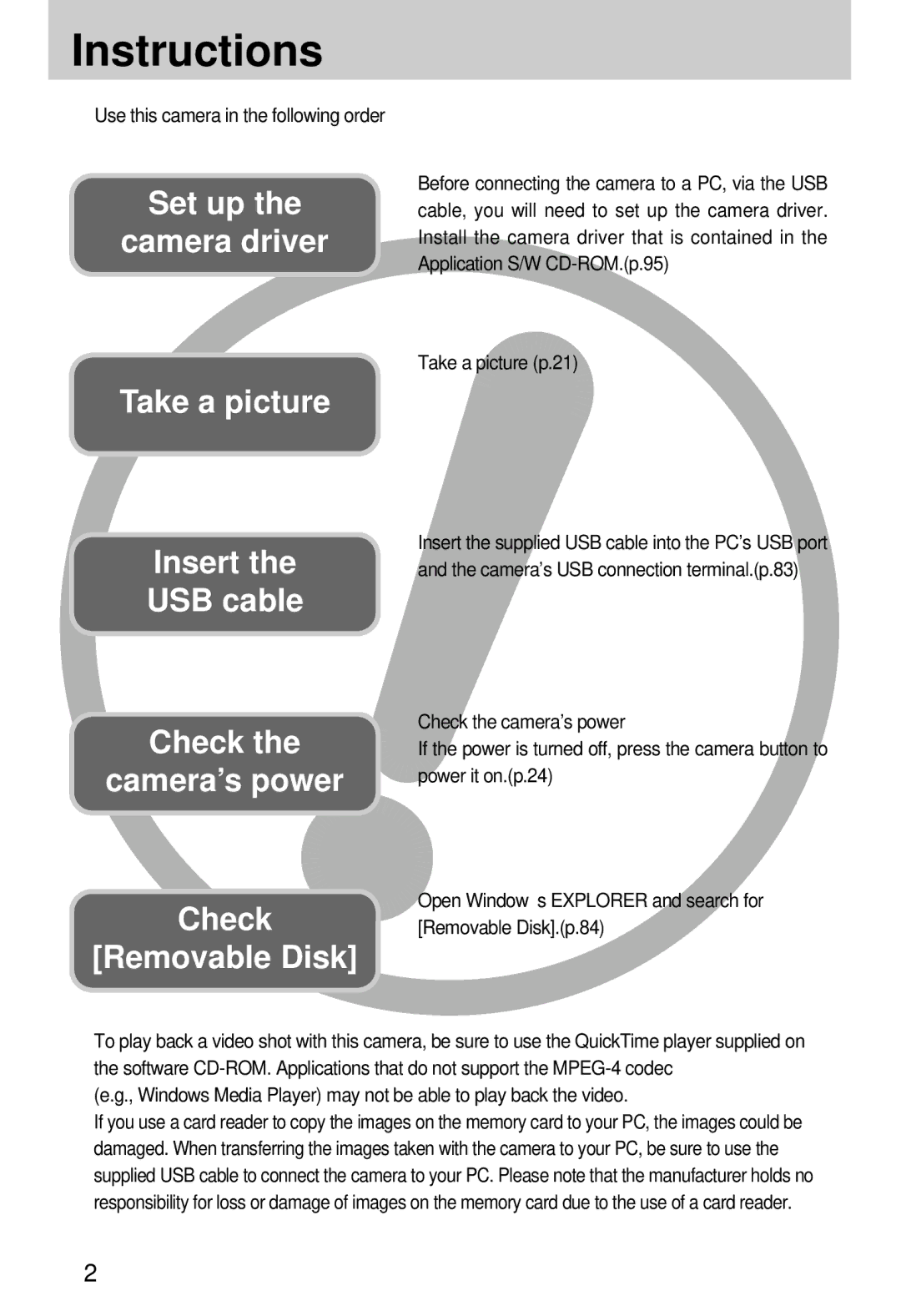 Samsung U-CA 3 manual Instructions, Take a picture p.21, Windows Media Player may not be able to play back the video 