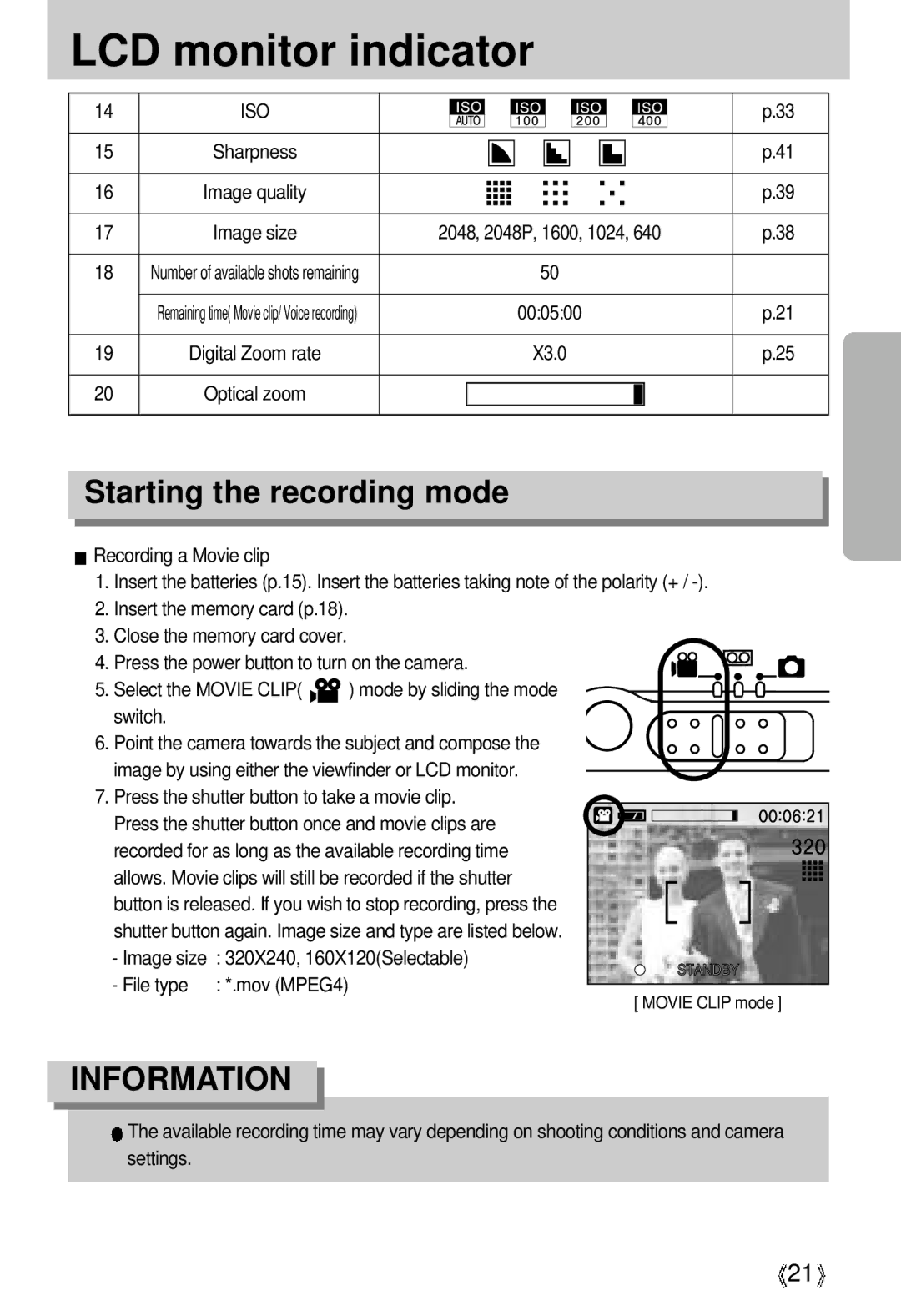 Samsung U-CA 3 manual Starting the recording mode, Press the shutter button to take a movie clip 