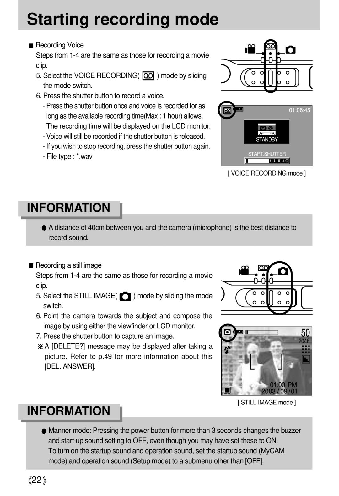 Samsung U-CA 3 manual Starting recording mode, File type *.wav 