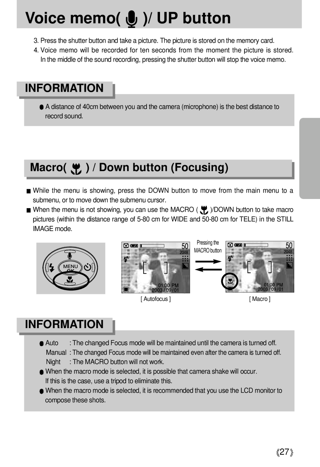 Samsung U-CA 3 manual Voice memo / UP button, Macro / Down button Focusing 