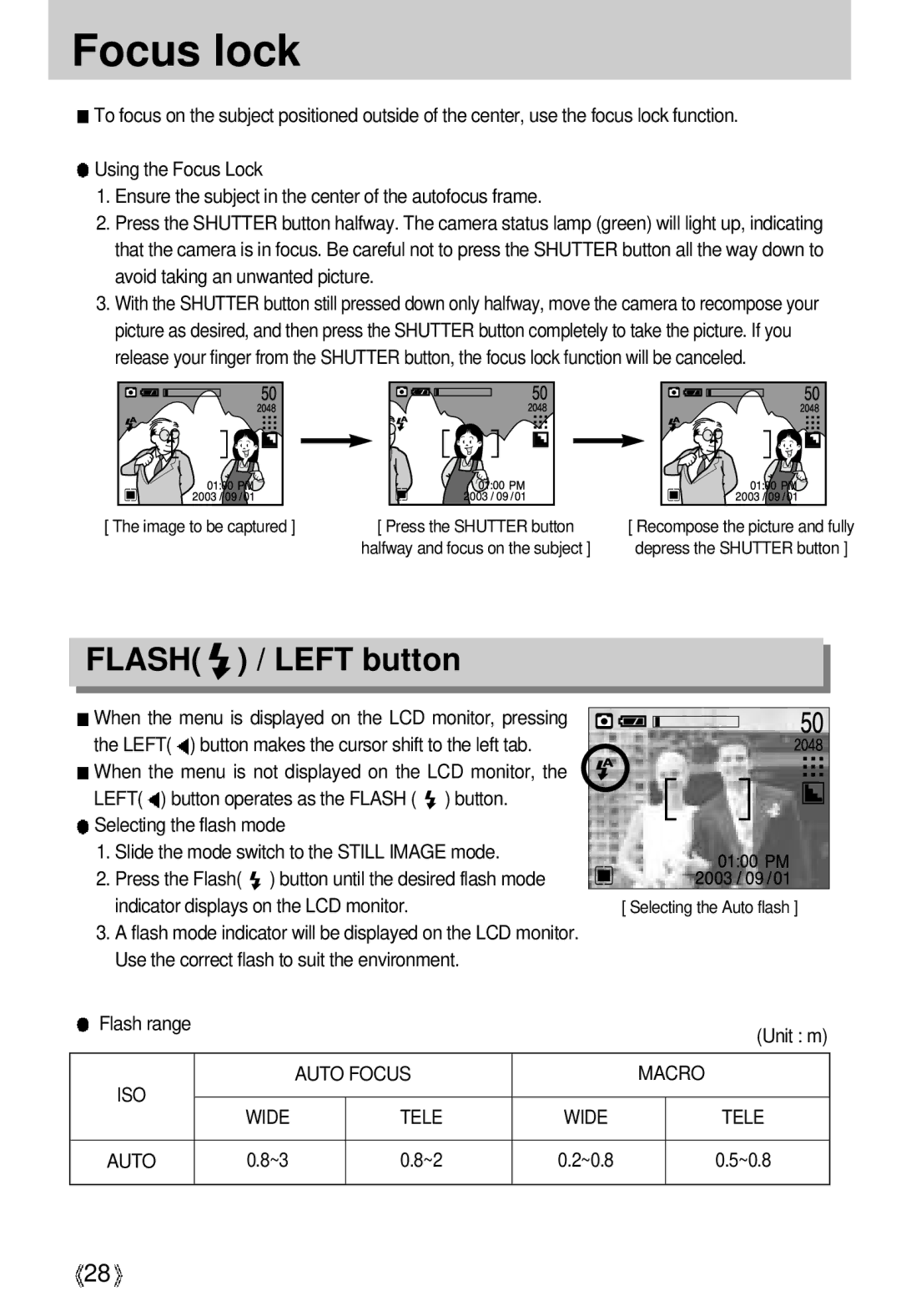 Samsung U-CA 3 manual Focus lock, Flash / Left button, Auto Focus Macro Wide Tele, ~0.8 